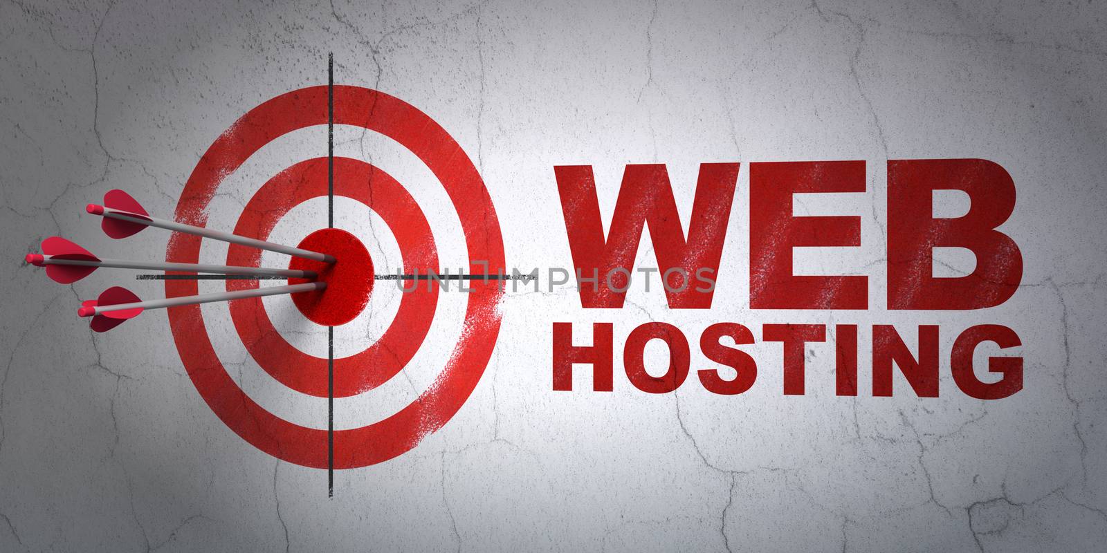 Success web development concept: arrows hitting the center of target, Red Web Hosting on wall background