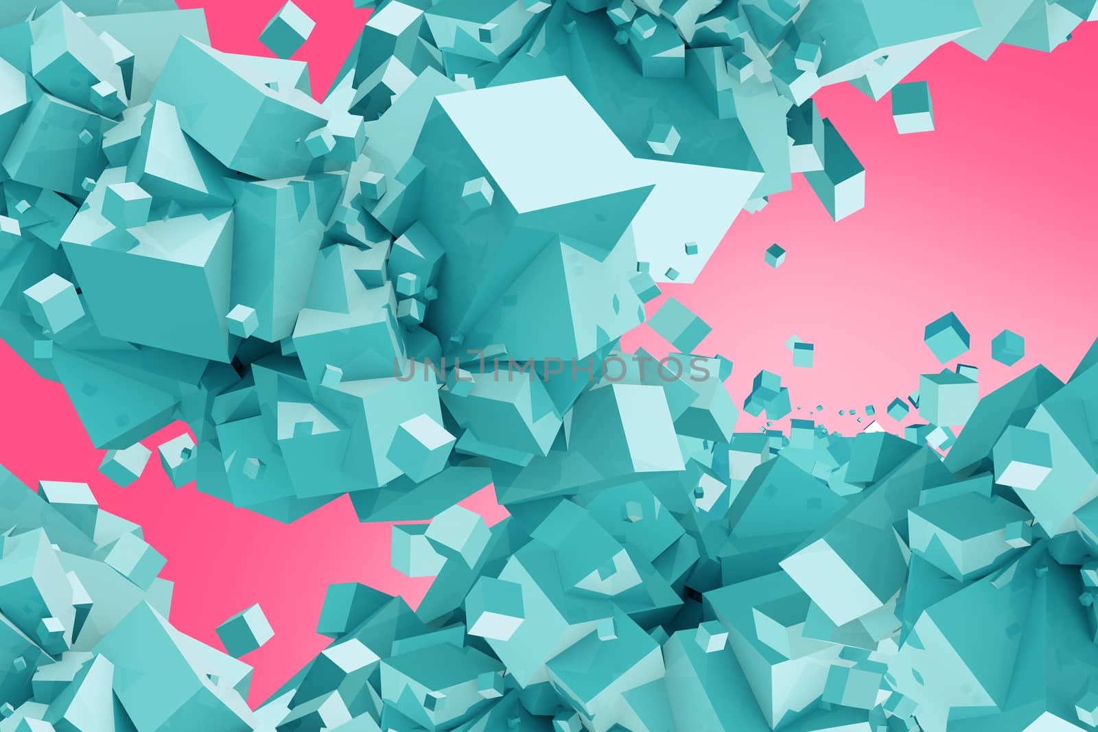 Blue Cubes on Pink Background Abstract 3D Illustration. Cubes Clusters.