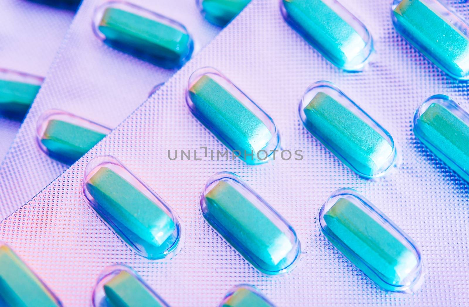 Blue Drugs Closeup. Large Blue Pills Three Pack. Pharmaceutical Concept
