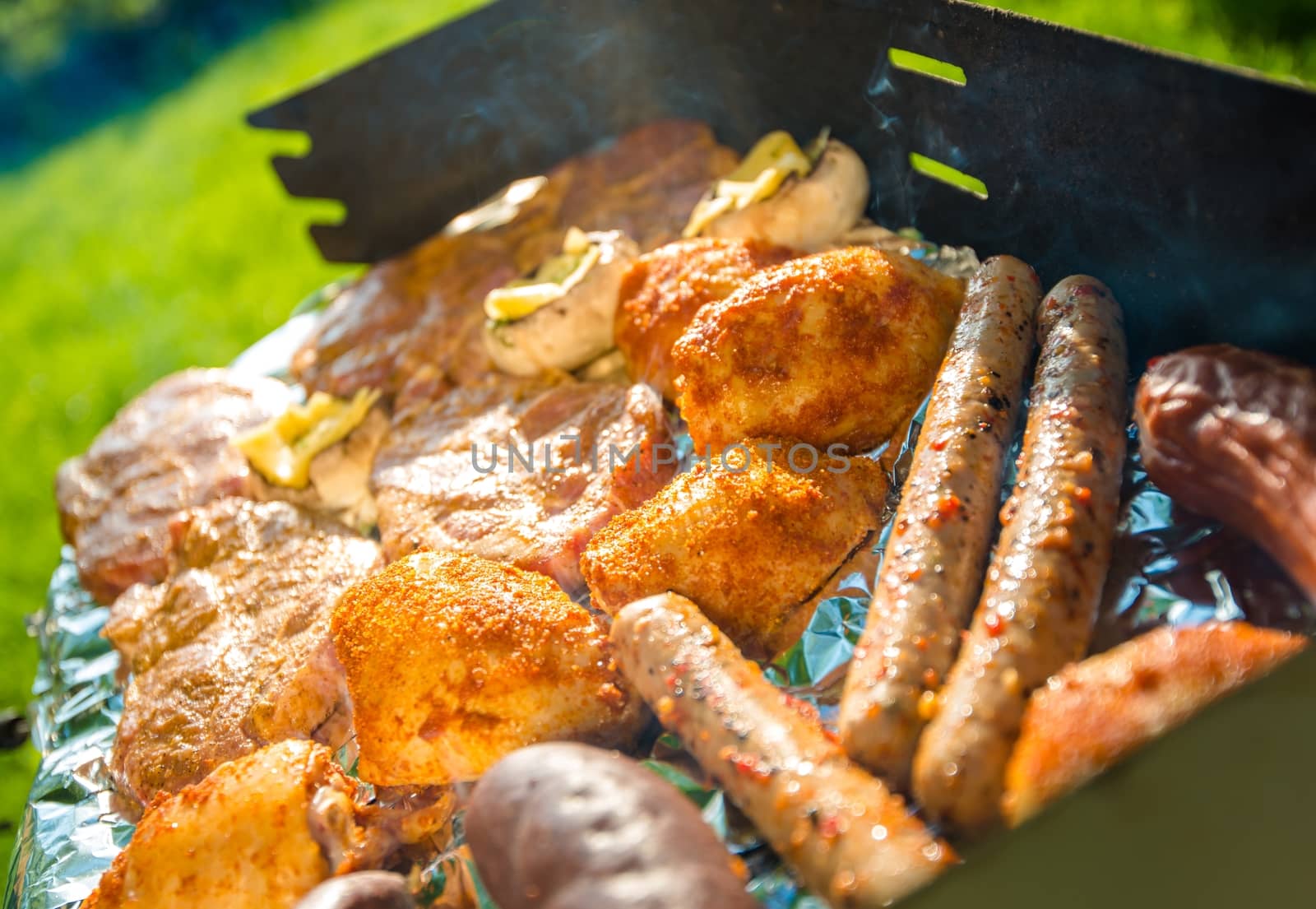 Grilling Time. Backyard Barbecue. Burning Grill with Many Types of Meat.