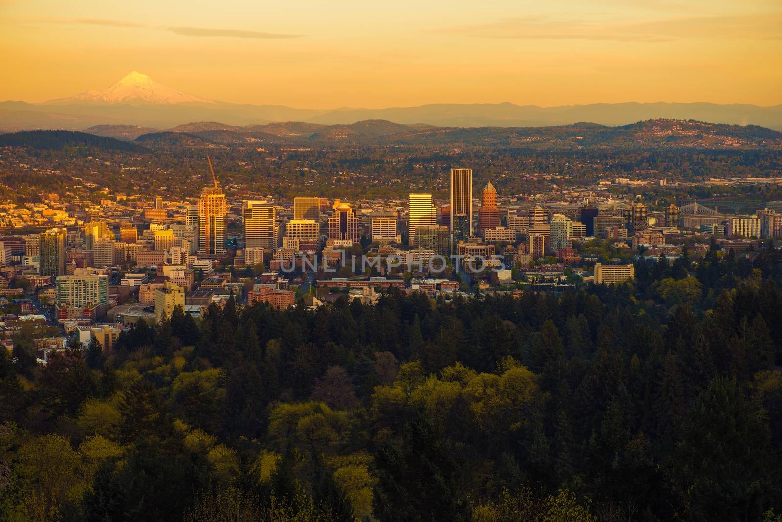 Portland Oregon Sunset Vista. Scenic Oregon and Portland Cityscape at Sunset. United States.