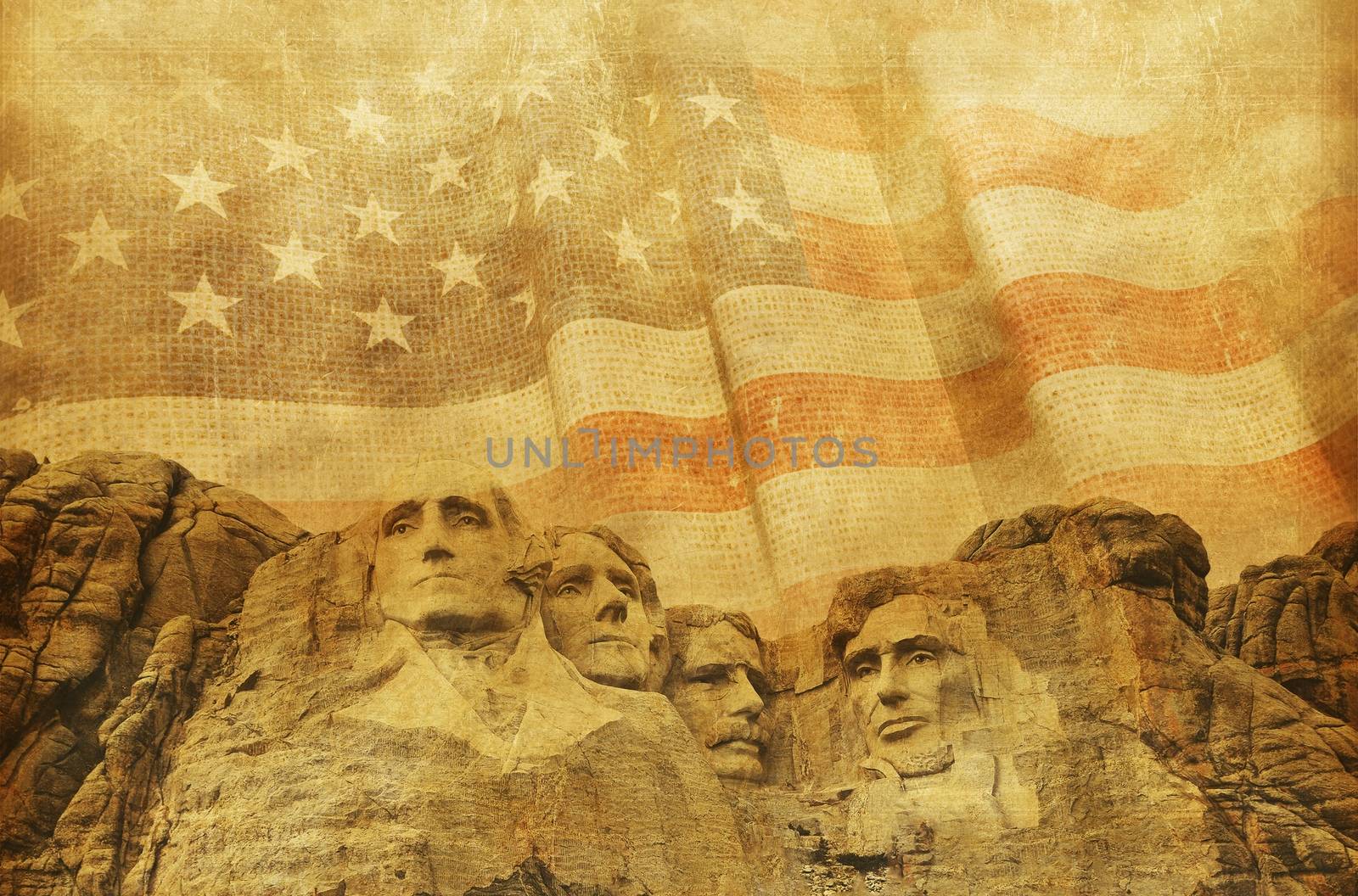 American Memorial Background with Rushmore National Memorial and Vintage United States Flag. Great Background For American Presidents Day.