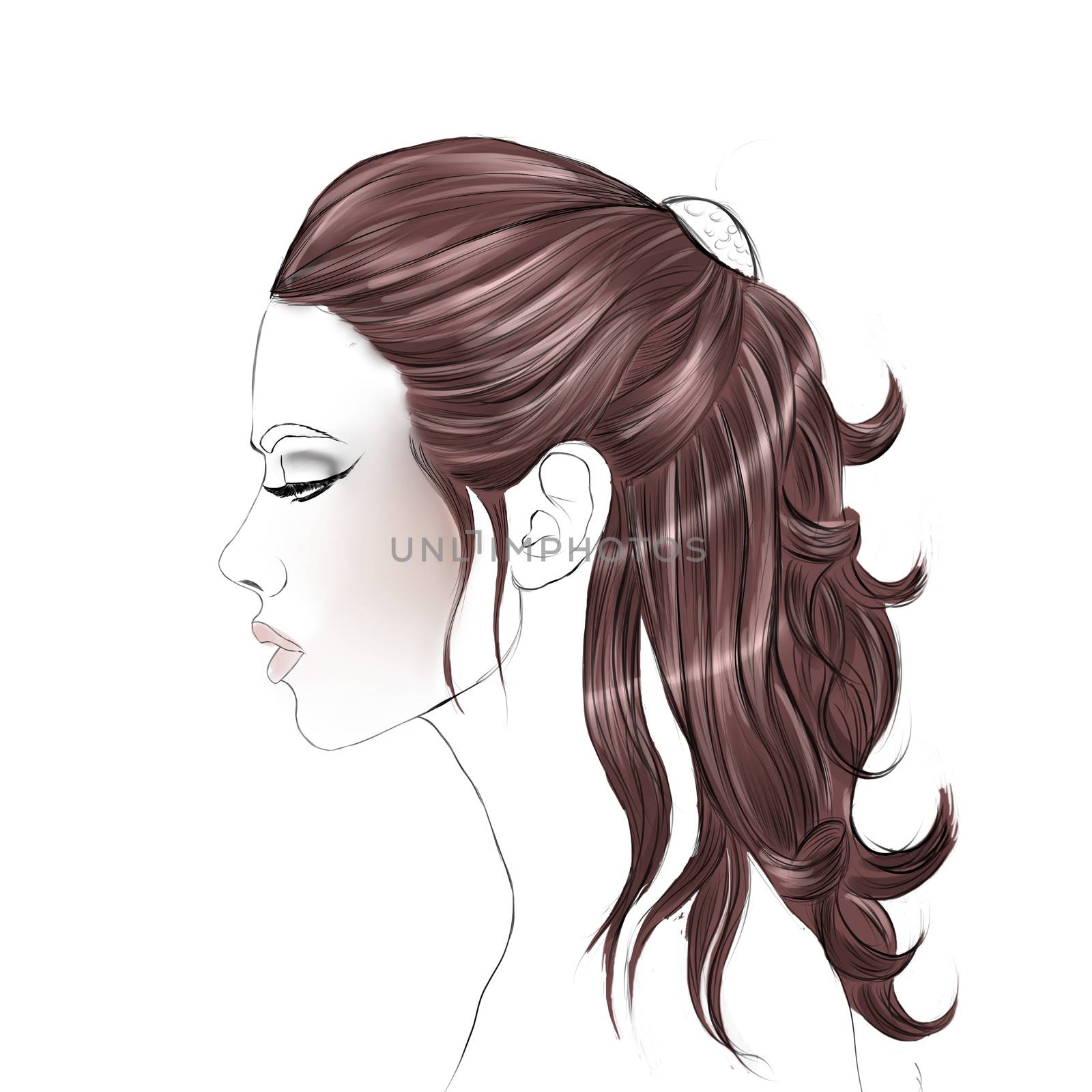 hand drawn raster illustration - profile girl with long wavy brown hair,