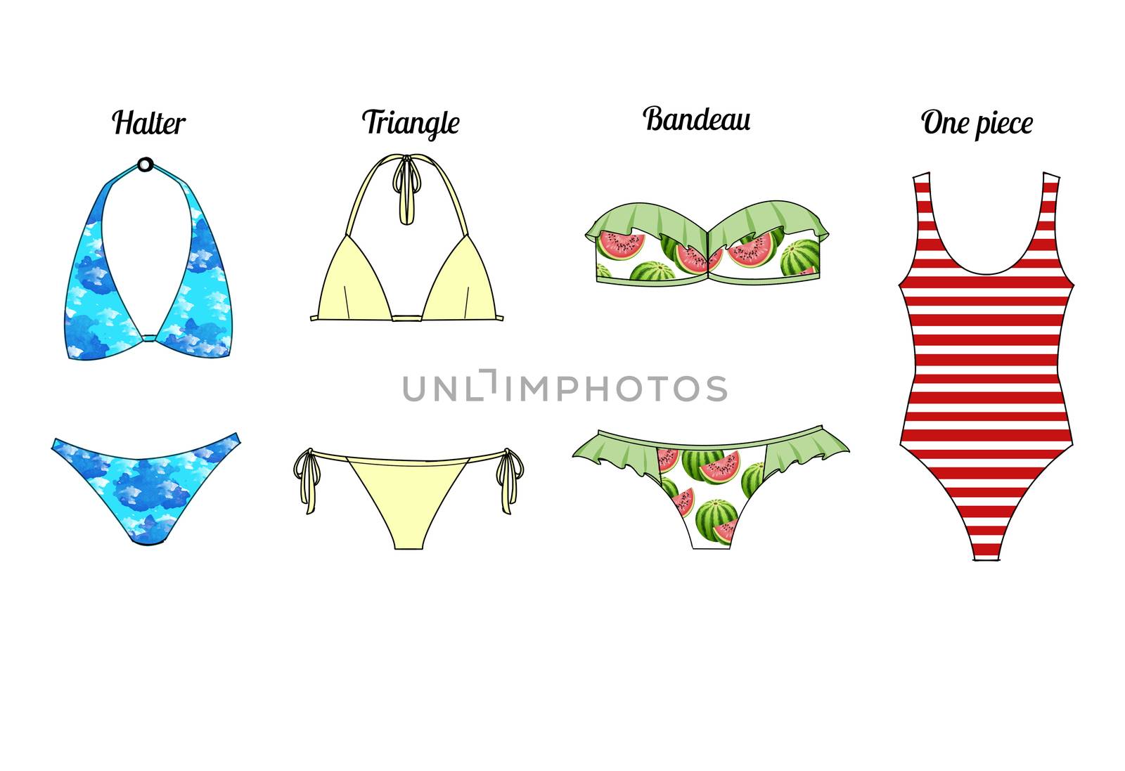 Fashion Illustration - different type of bathsuits by GGillustrations