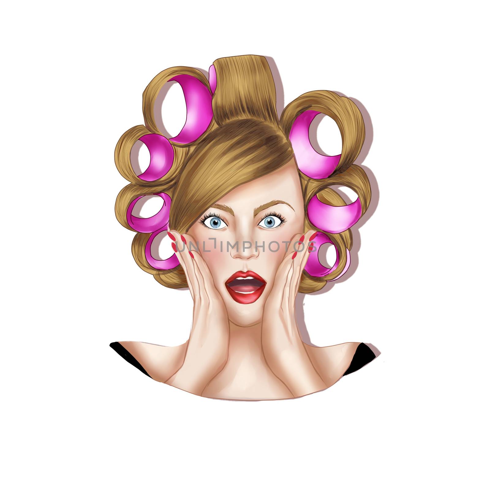 Young pretty girl with hair rolls - Raster Illustration