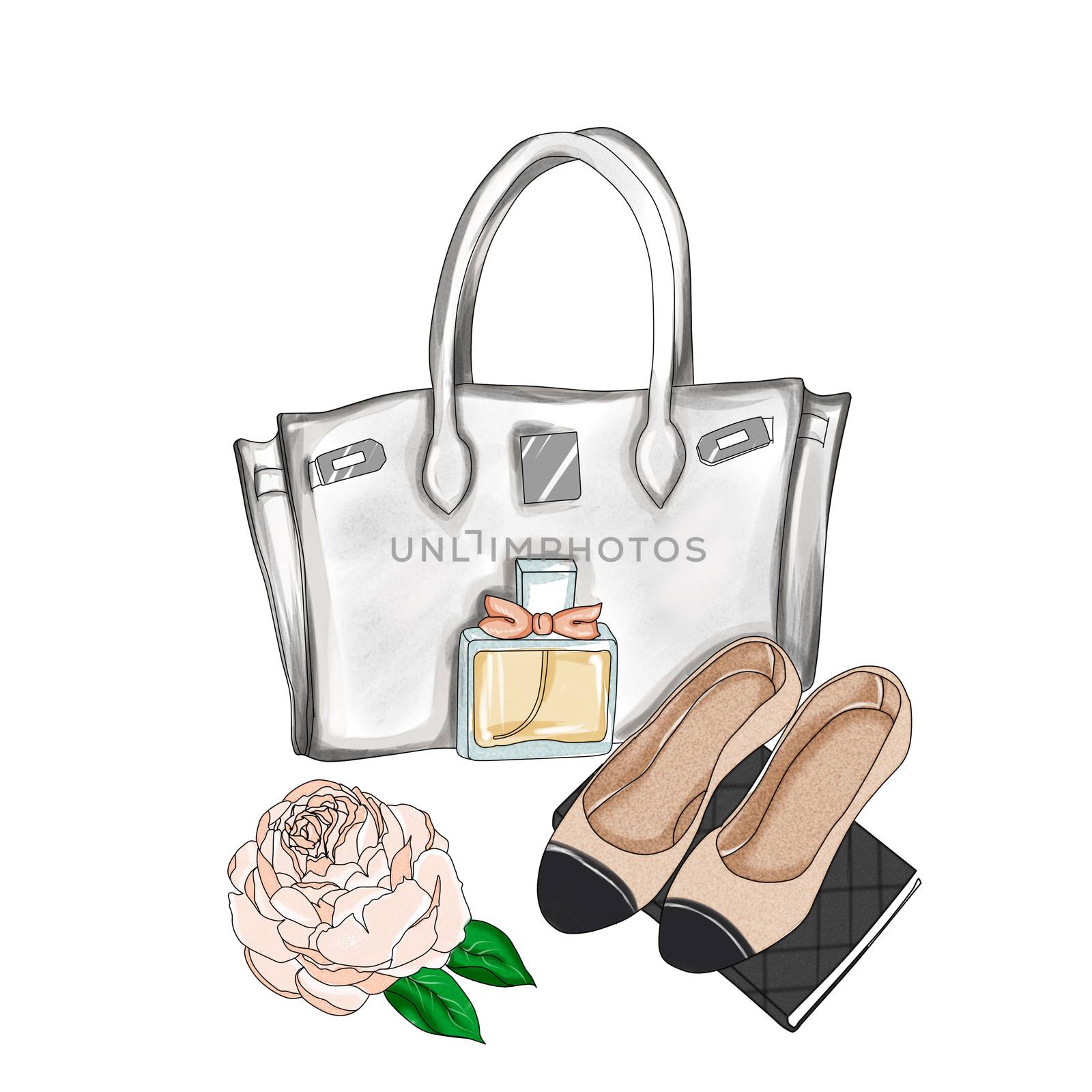 watercolor illustration - Fashion Illustration - Hand drawn raster background - designer bag and flat shoes