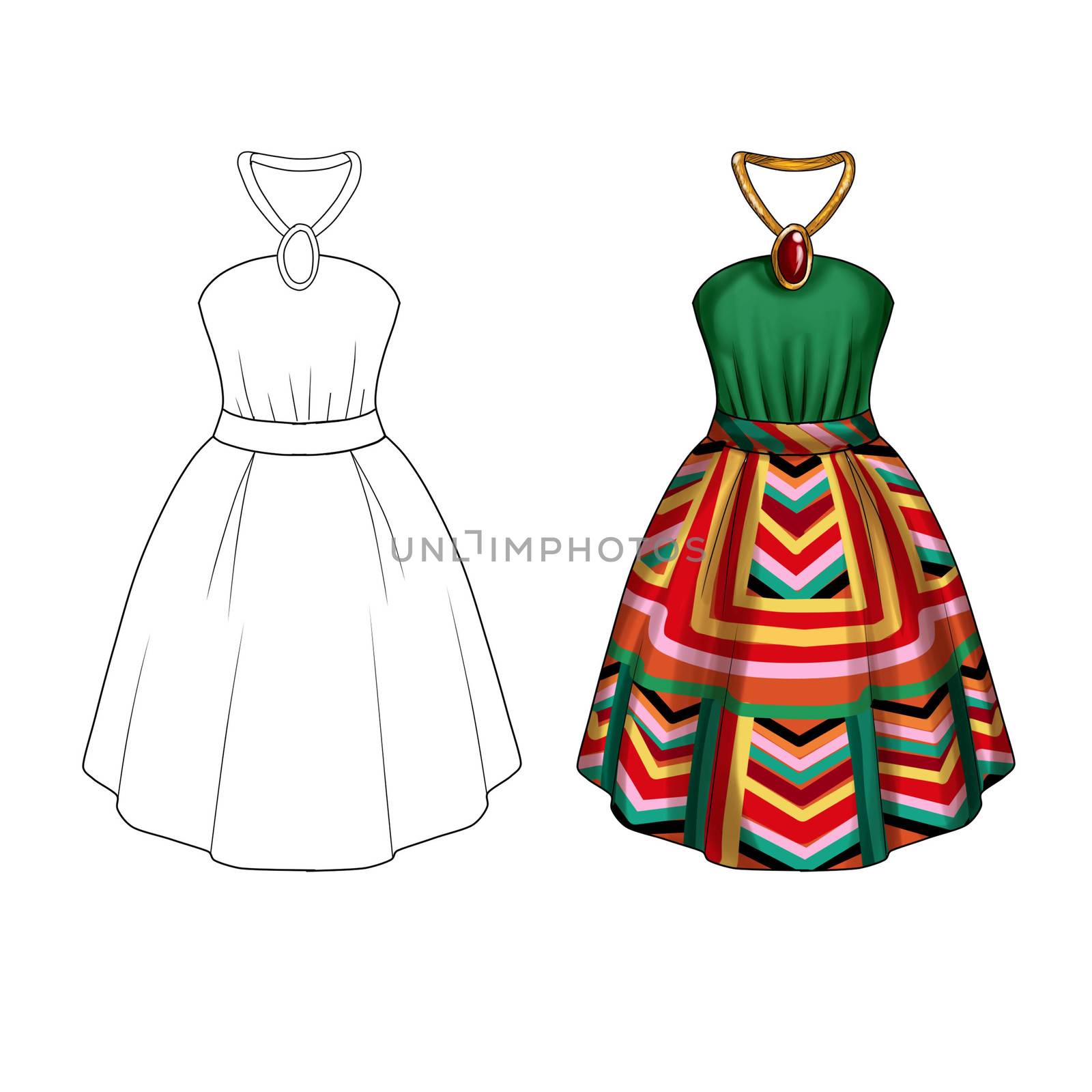 Flat Fashion Template Illustration - Party dress with collar tie and wide skirt in printed geometrical fabric by GGillustrations