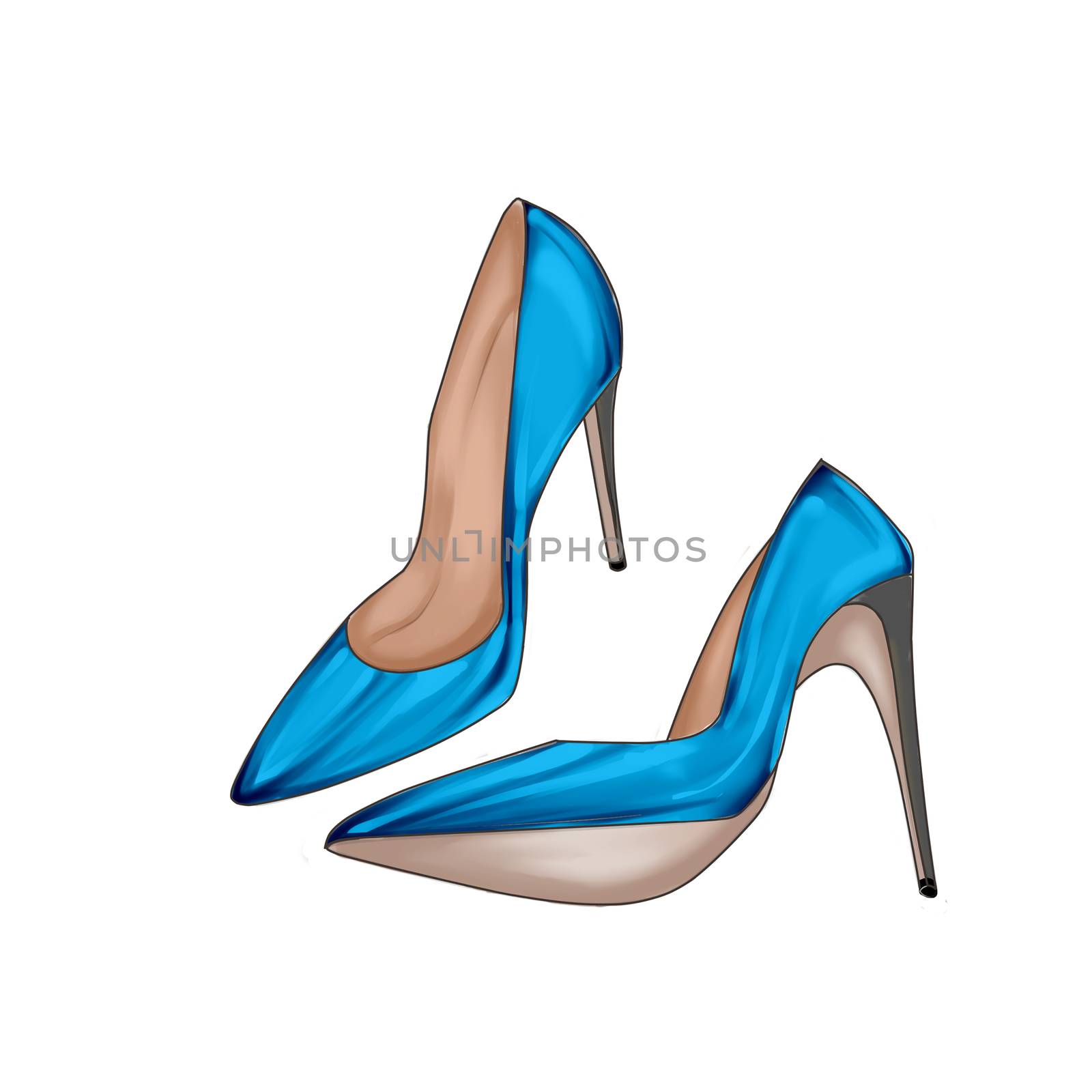Hand drawn Illustration of a pair of Blue stiletto shoes