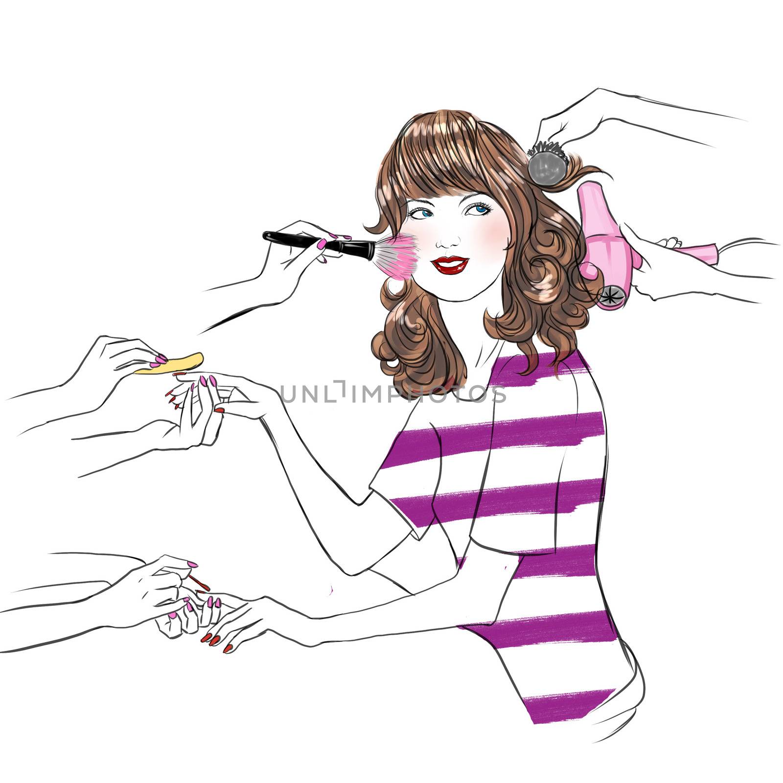 Young woman at beauty salon having beauty treatment - hand drawn raster illustration