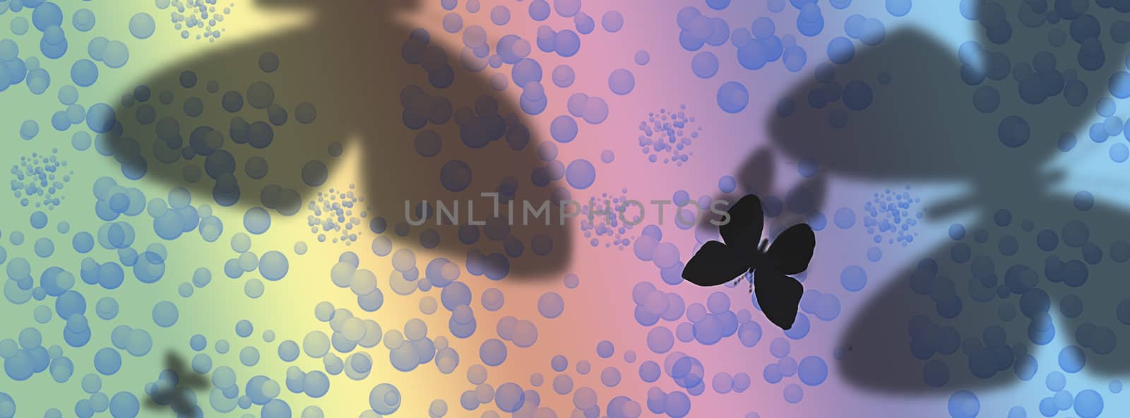 Panorama banner illustration of abstract rainbow background with circle bubbles and butterfly shadows