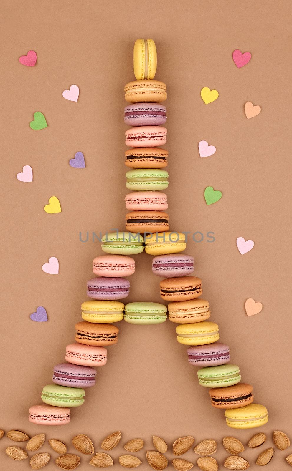 Macarons Eiffel Tower french sweet colorful,multicolored hearts, almond.Fresh pastel dessert on chocolate retro vintage background. Love,Valentines Day,romantic                                       