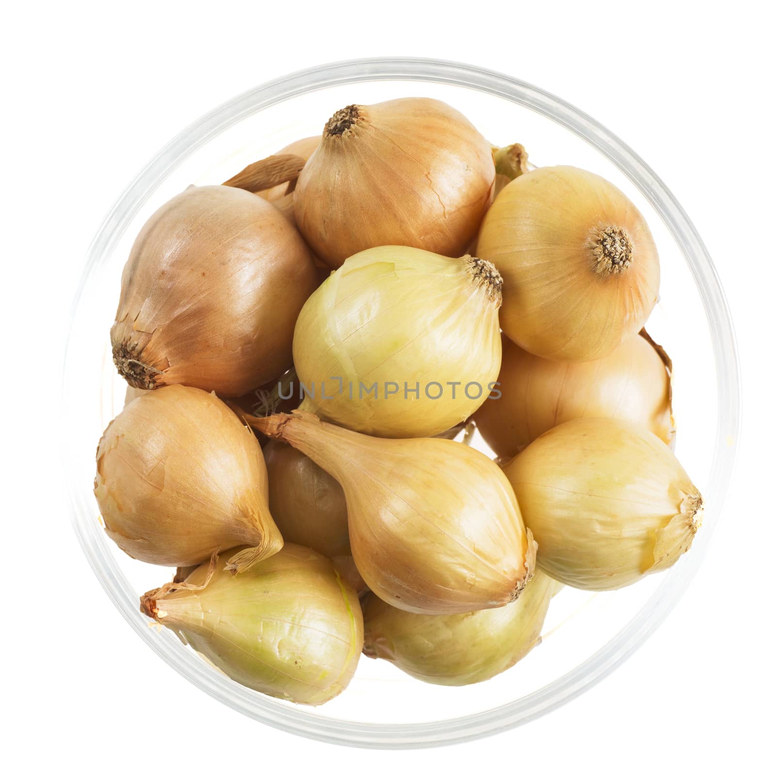 Yellow pearl onions in bowl isolated on white.