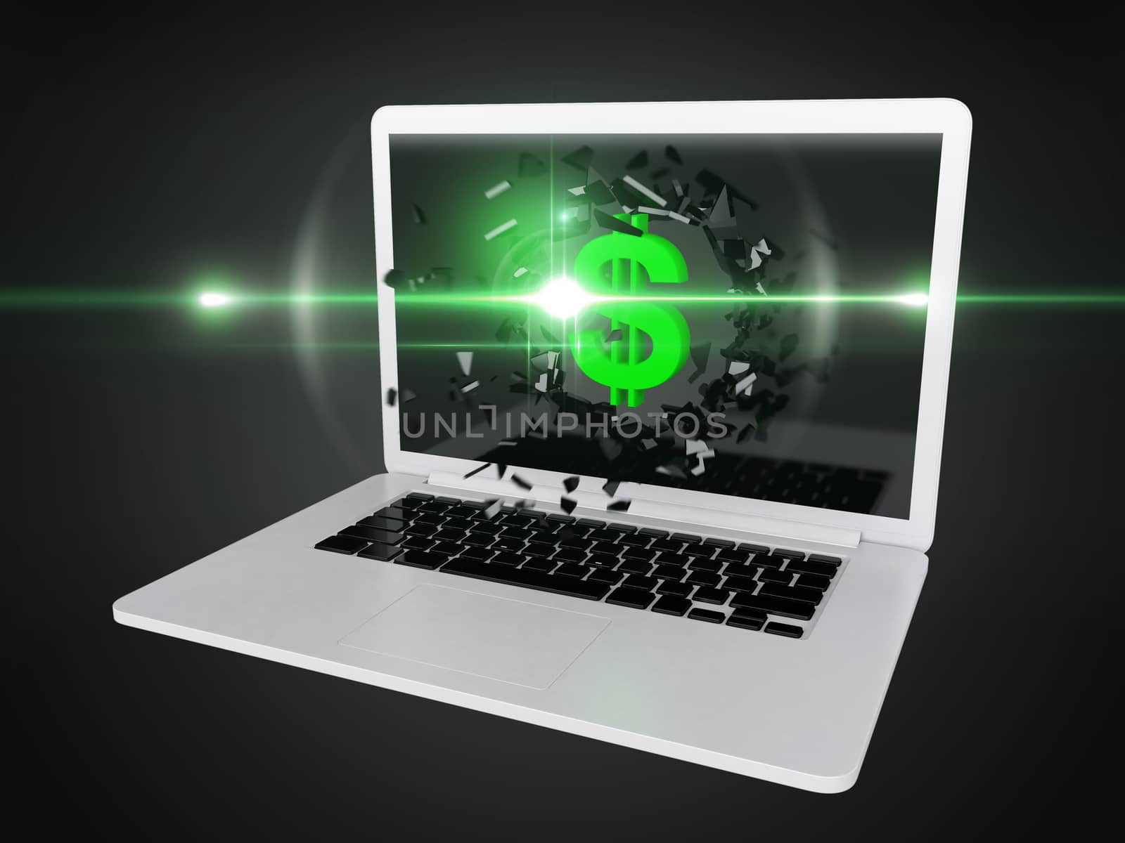 Green dollar sign destroy laptop, technology background