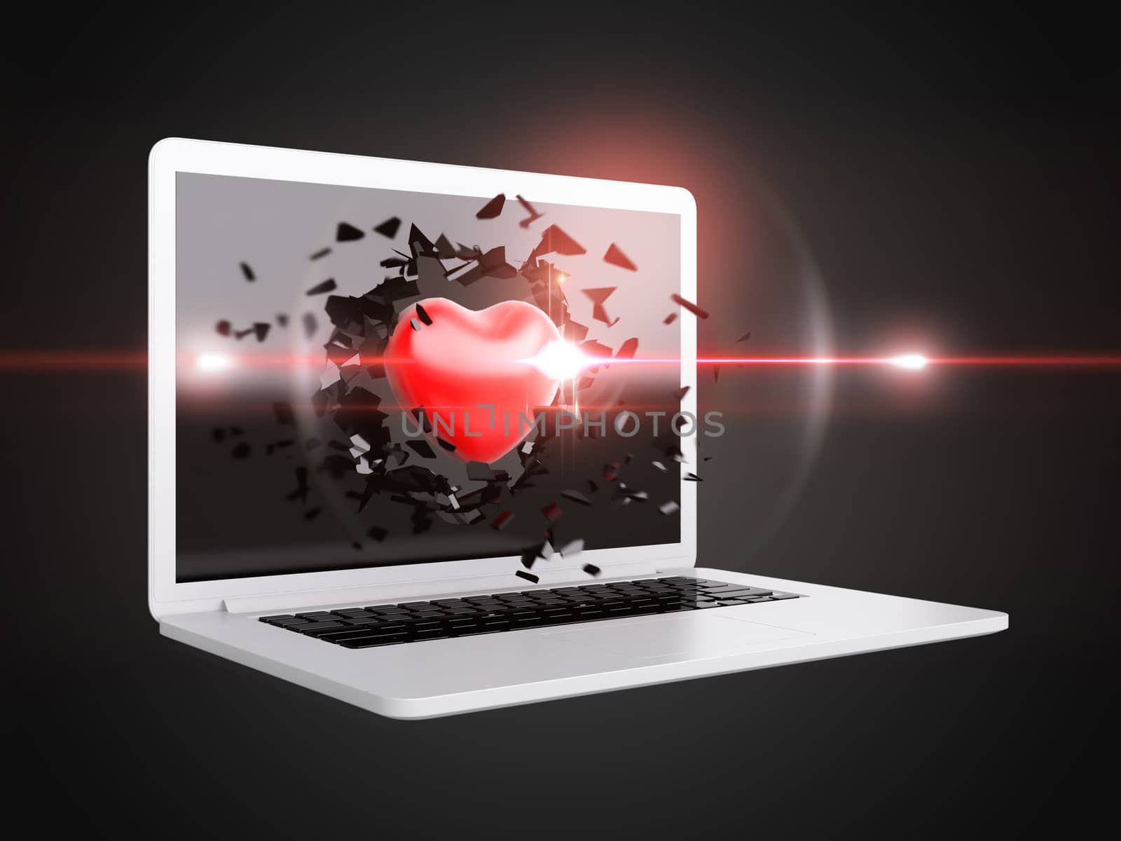 red Heart destroy laptop, technology background, art background