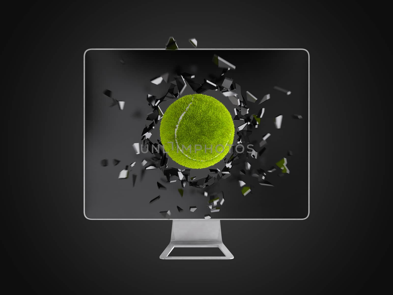 tennis ball destroy computer screen, technology background