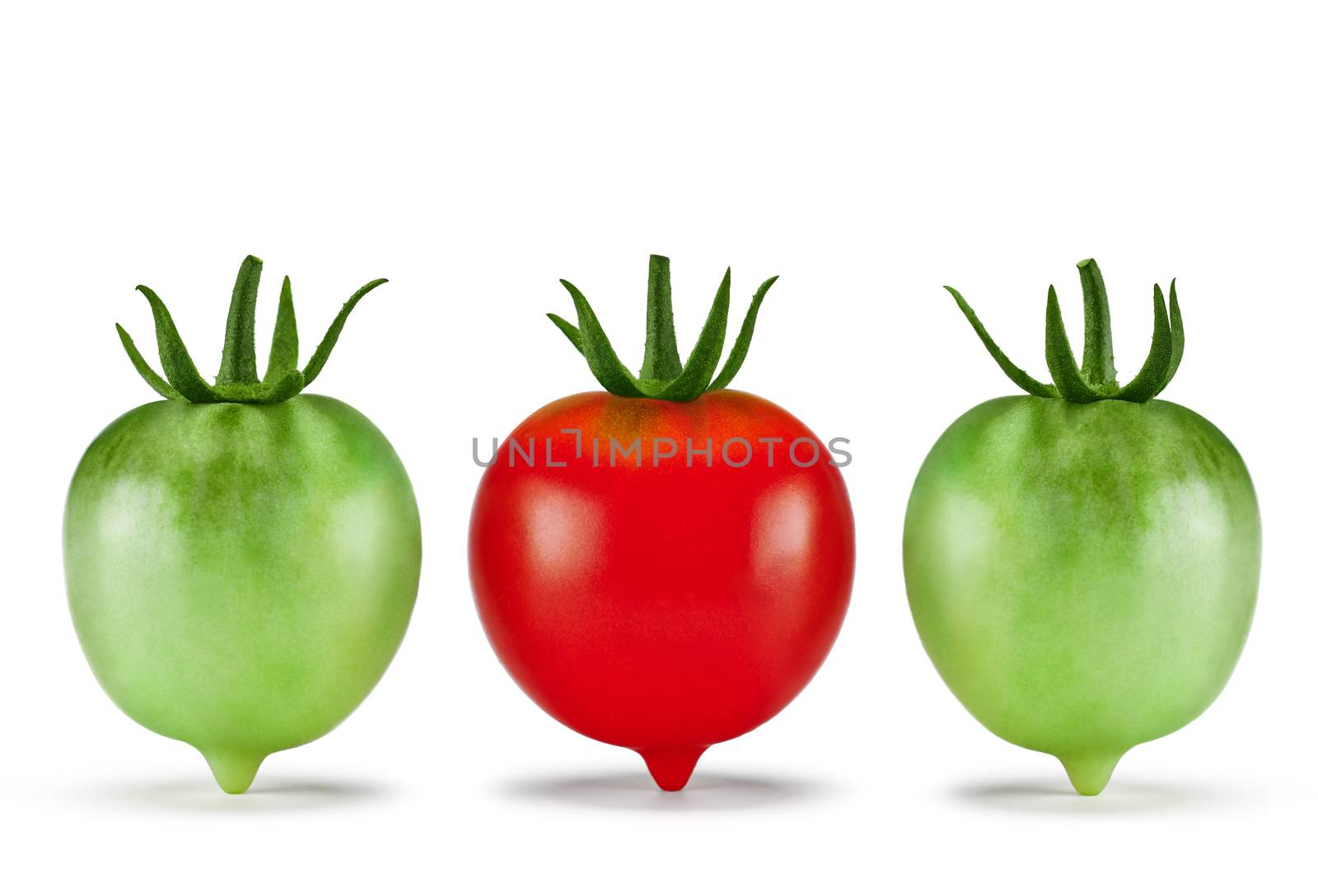 Tomatoes, red, green fresh, organic. Isolated on white background. Business concept - how to stand out - marketing and advertising, food closeup