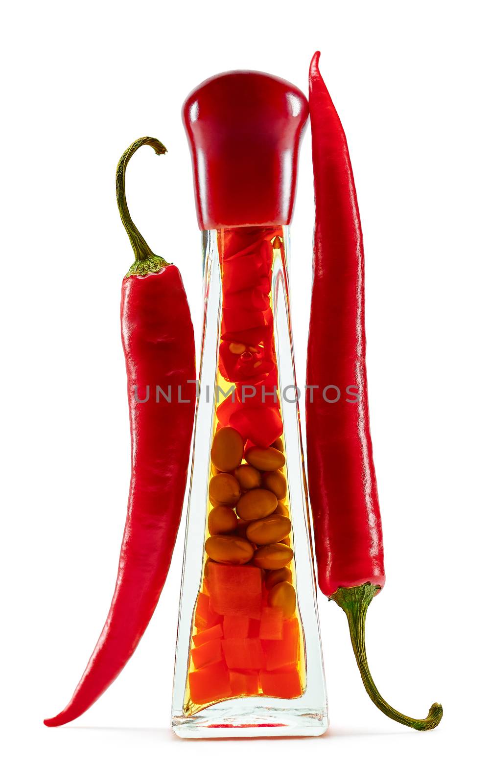 Red hot pepper in pods around bottle,vegetables.  by 918