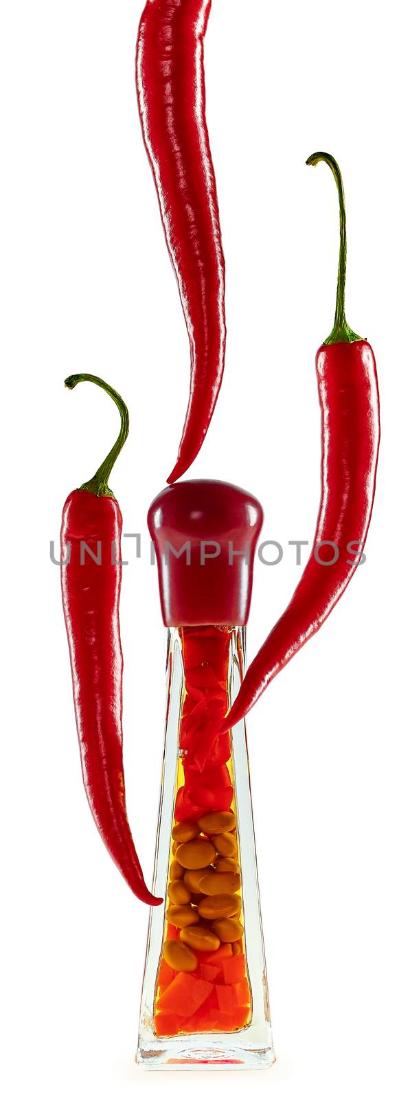 Red hot pepper in pods around bottle,vegetables.  by 918