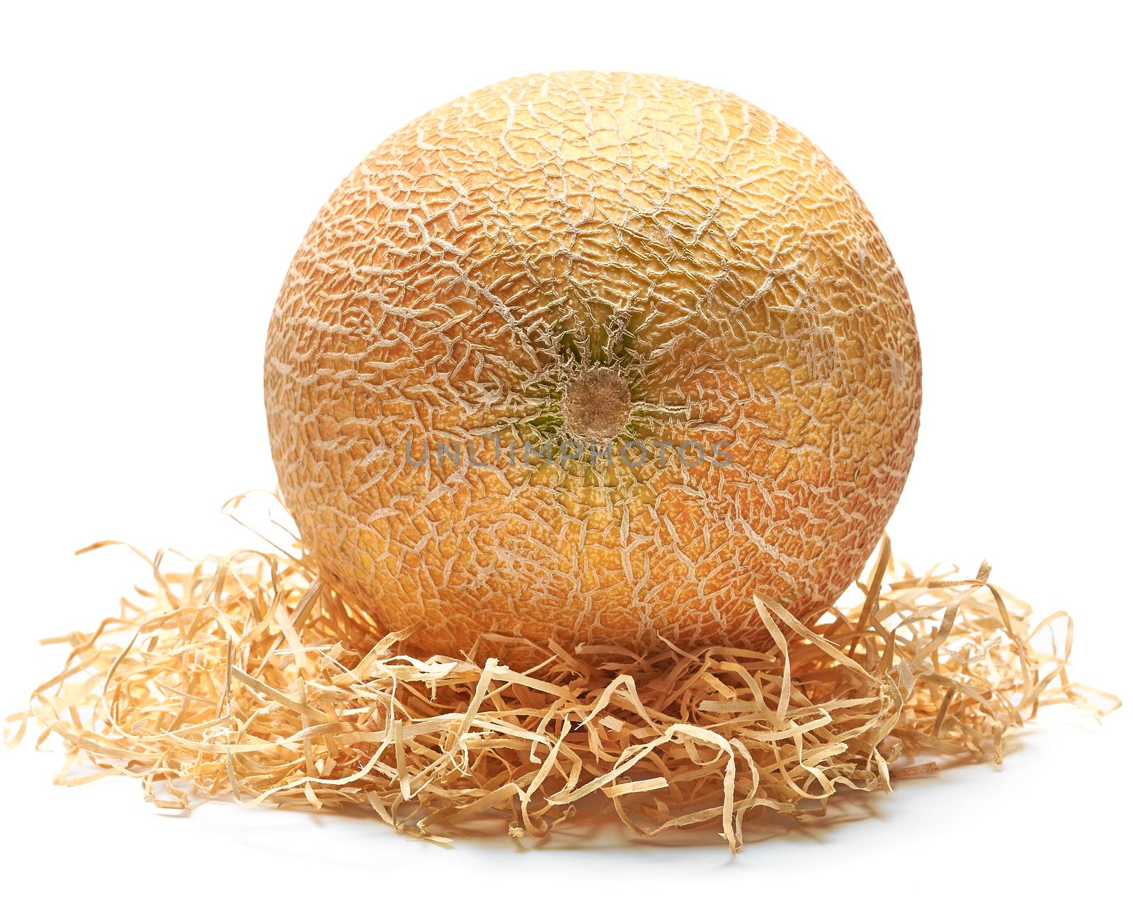 Melon organic, fresh, juicy, yellow on straw on a white background, closeup food