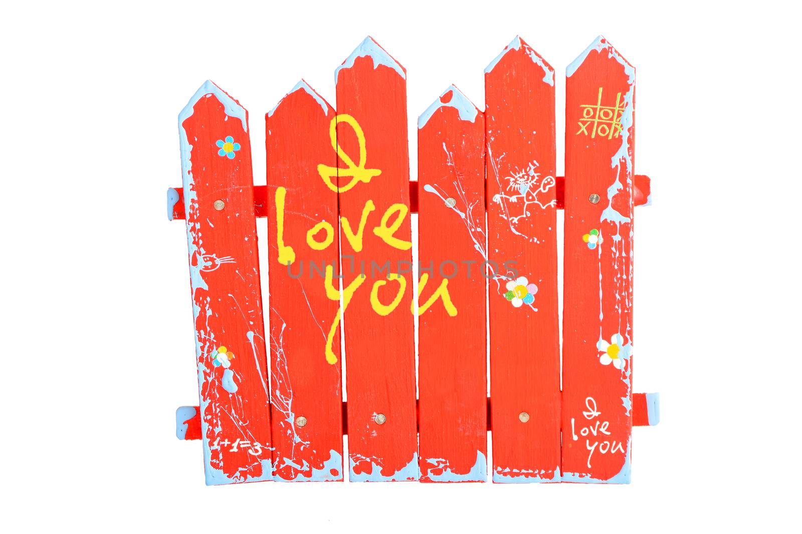 Red wooden souvenir handmade painted fence with yellow I love you words isolated on white