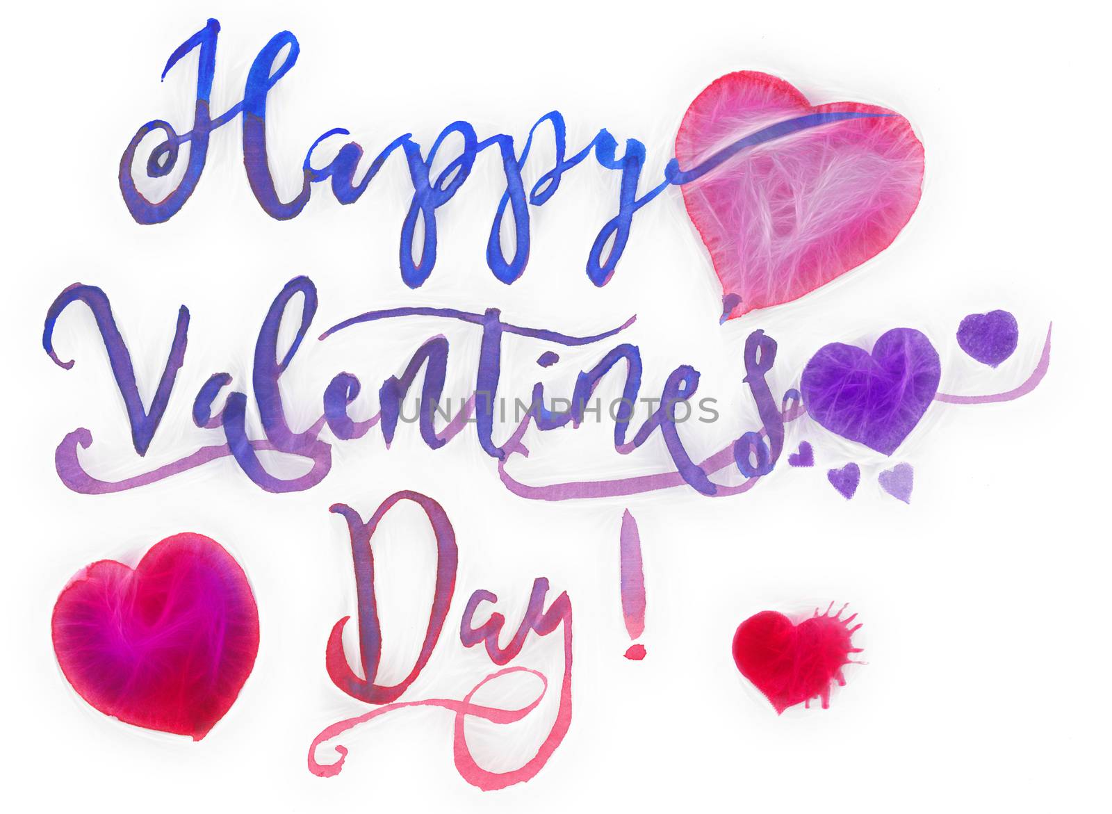 Happy Valentines Day watercolor text with hearts and fractal effect