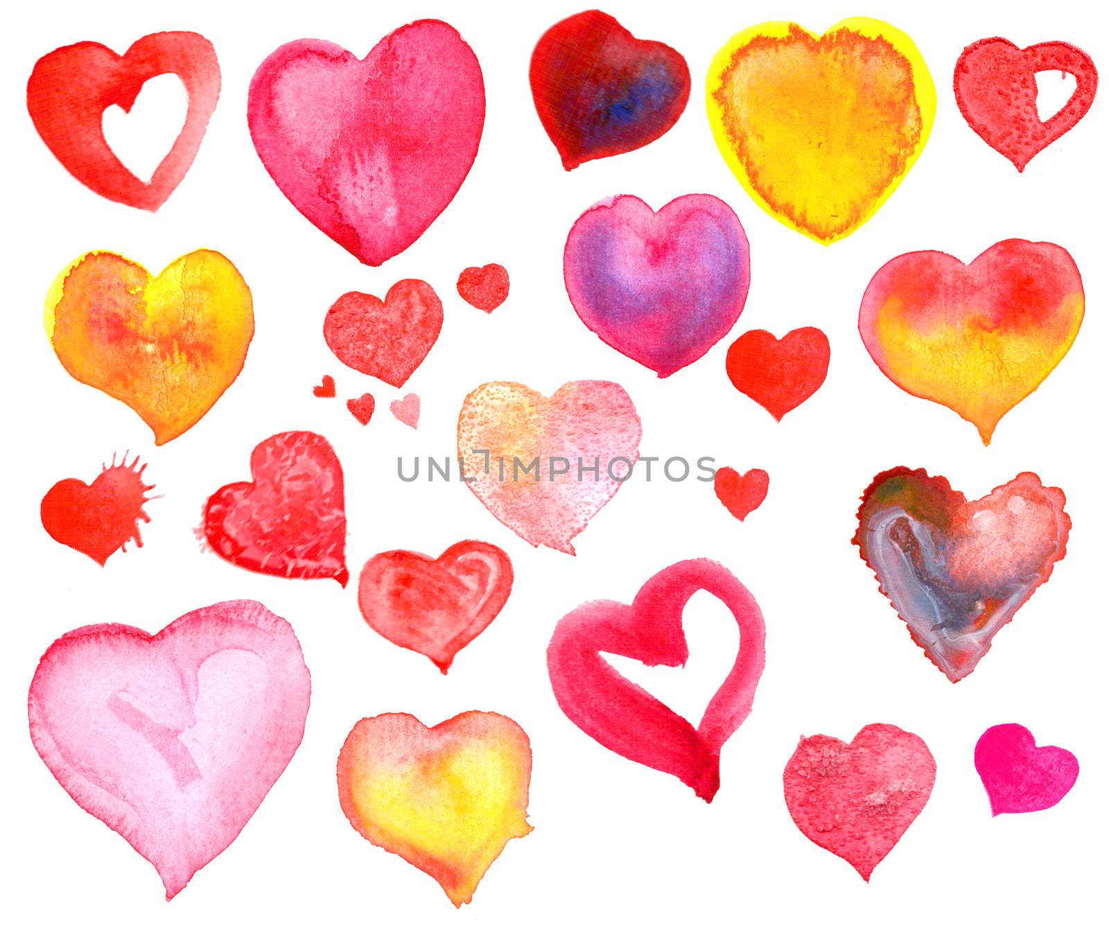 pink, red and yellow aquarelle hearts  by CherJu