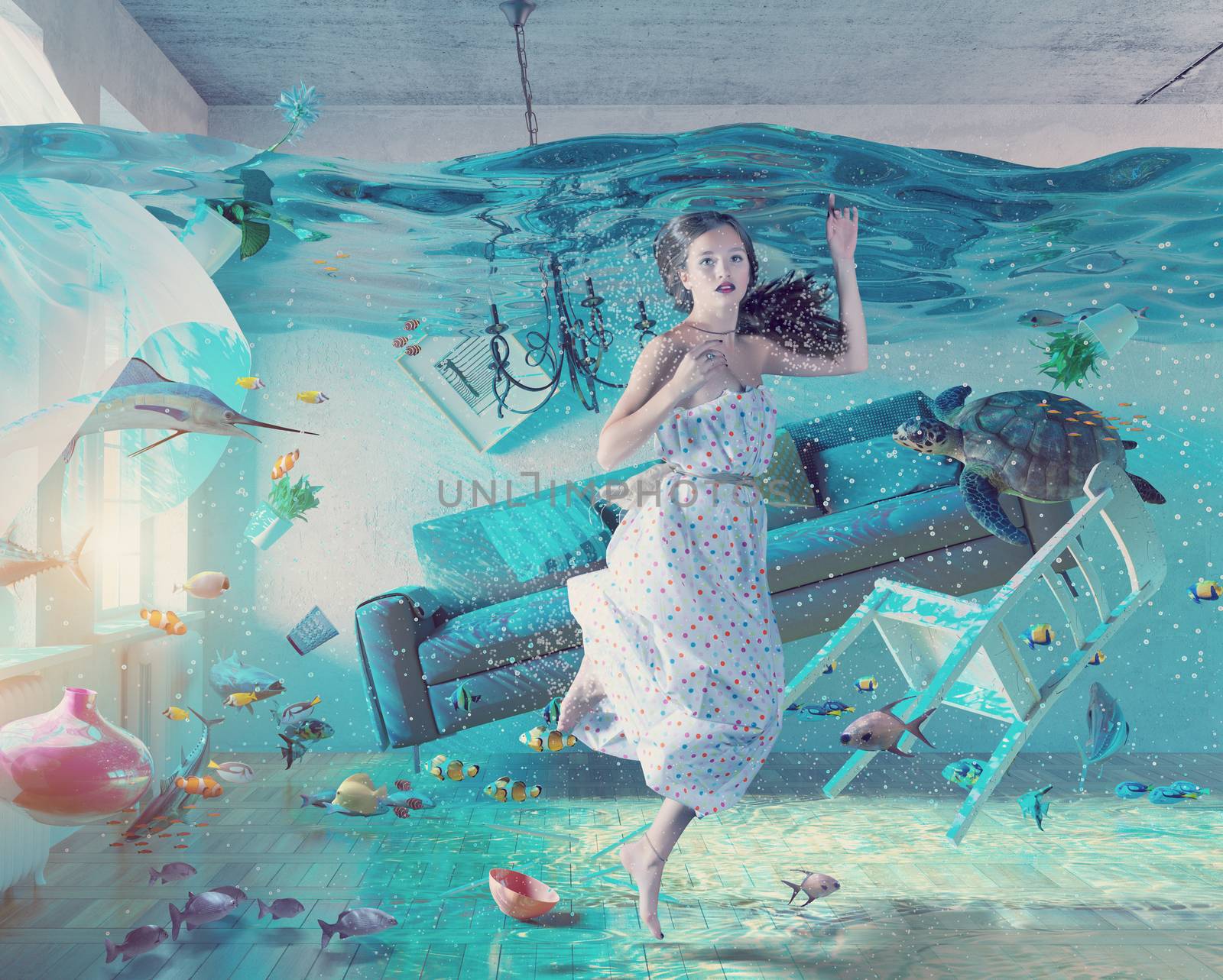 an underwater view in the flooding interior and young woman . 3d concept