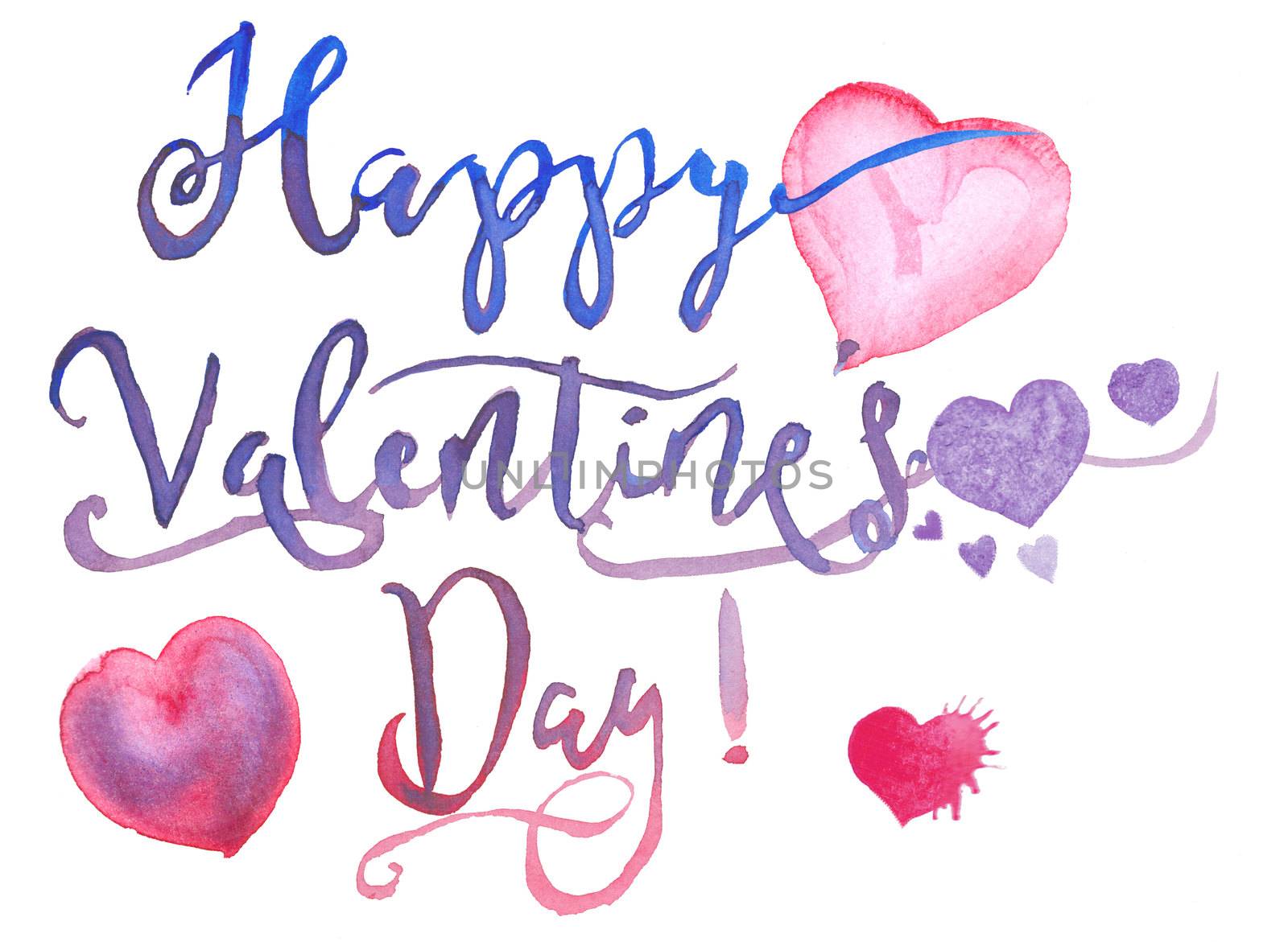 Happy Valentines Day watercolor text with hearts by CherJu