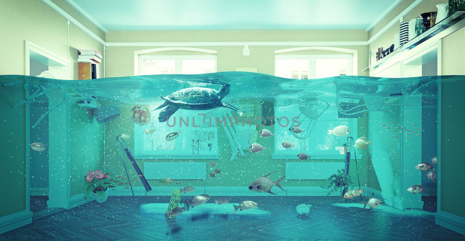 an underwater view in the flooding interior. 3d concept