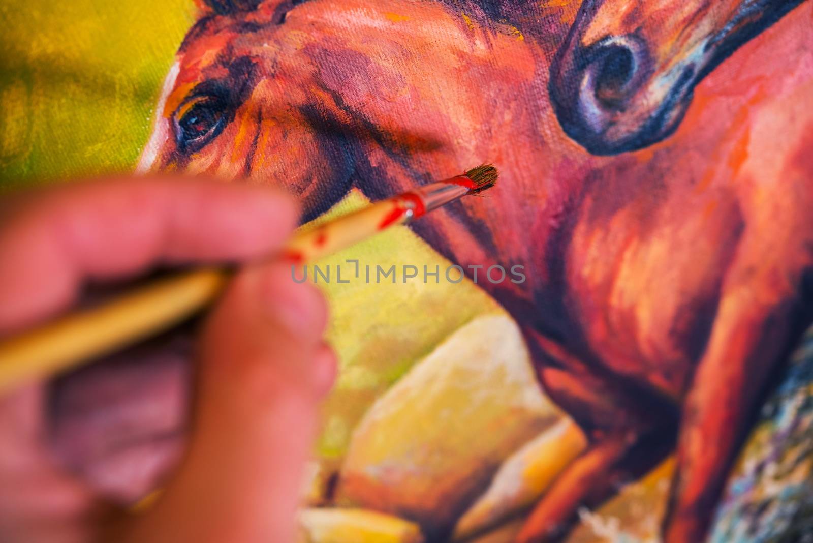 Painting on Canvas. Horses Oil Painting Closeup Photo. 