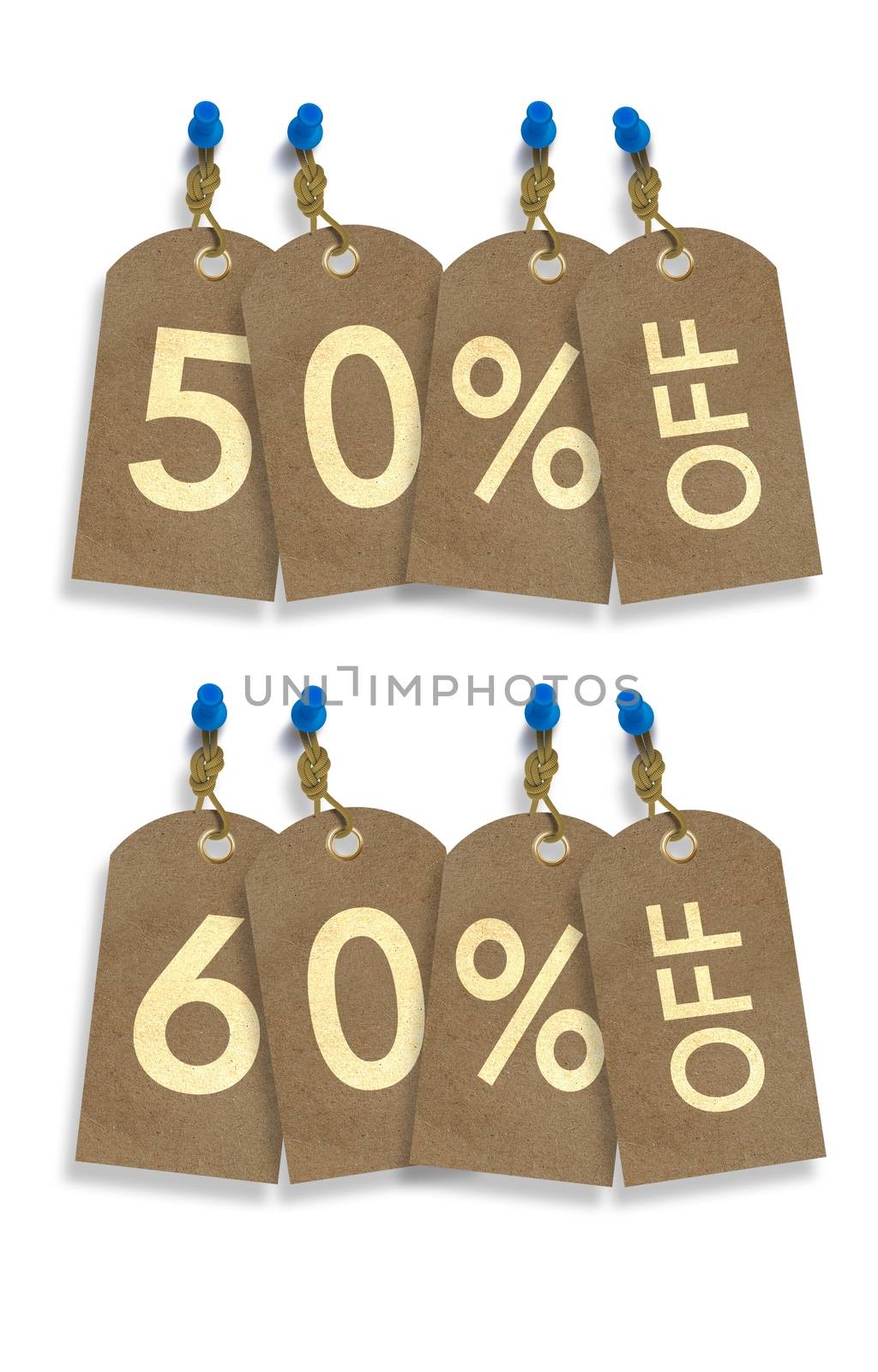 50% and 60% Off Paper Discount Tags Isolated on White.