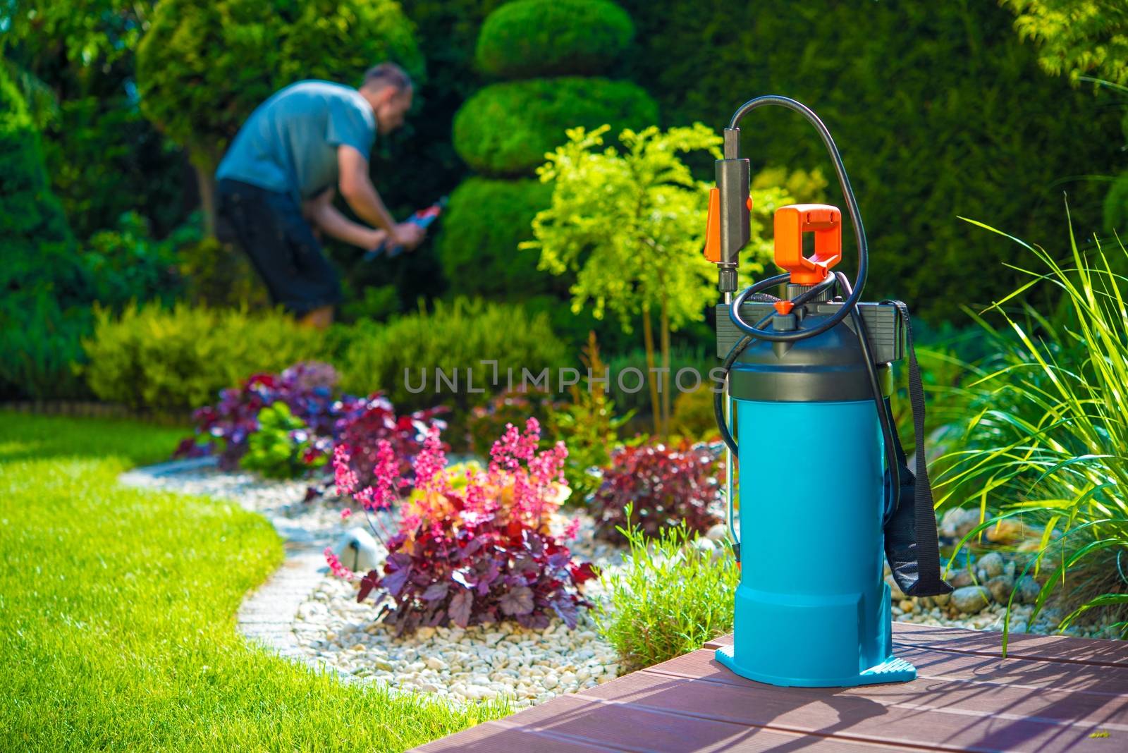 Garden Pest Control Spray and Male Gardener in the Background. Spraying Pesticides in a Garden. Gardening Theme.