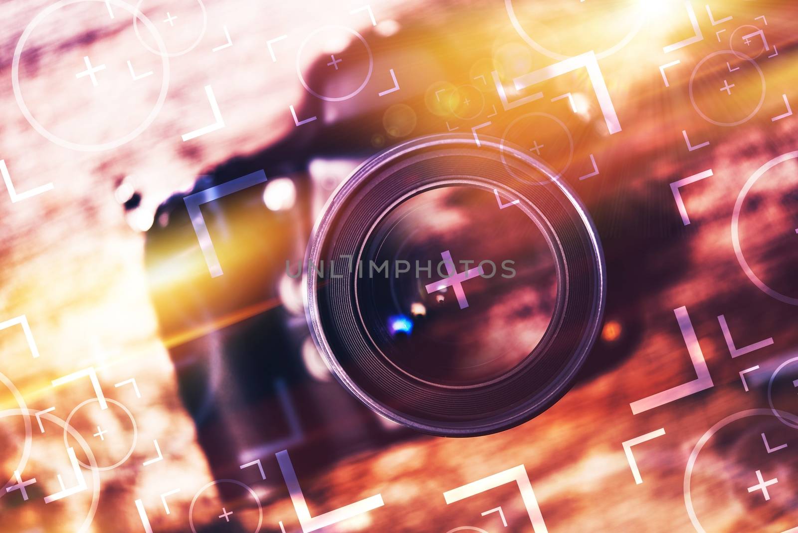 Photography Camera Lens Glass Closeup. Modern Camera on the Old Wooden Table with Concept Photo Elements. Photography Concept.