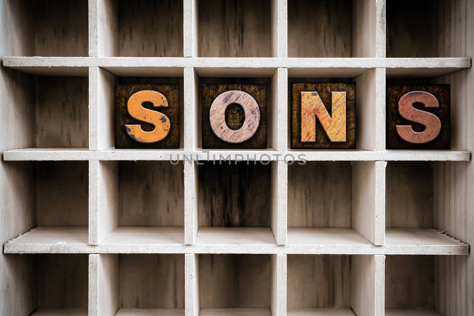 The word "SONS" written in vintage ink stained wooden letterpress type in a partitioned printer's drawer.