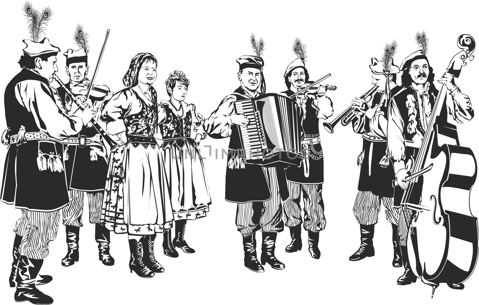 Polish Traditional Folk Band "Krakowiaki" as Black and White Vector Style Illustration Isolated on White. Raster Image.