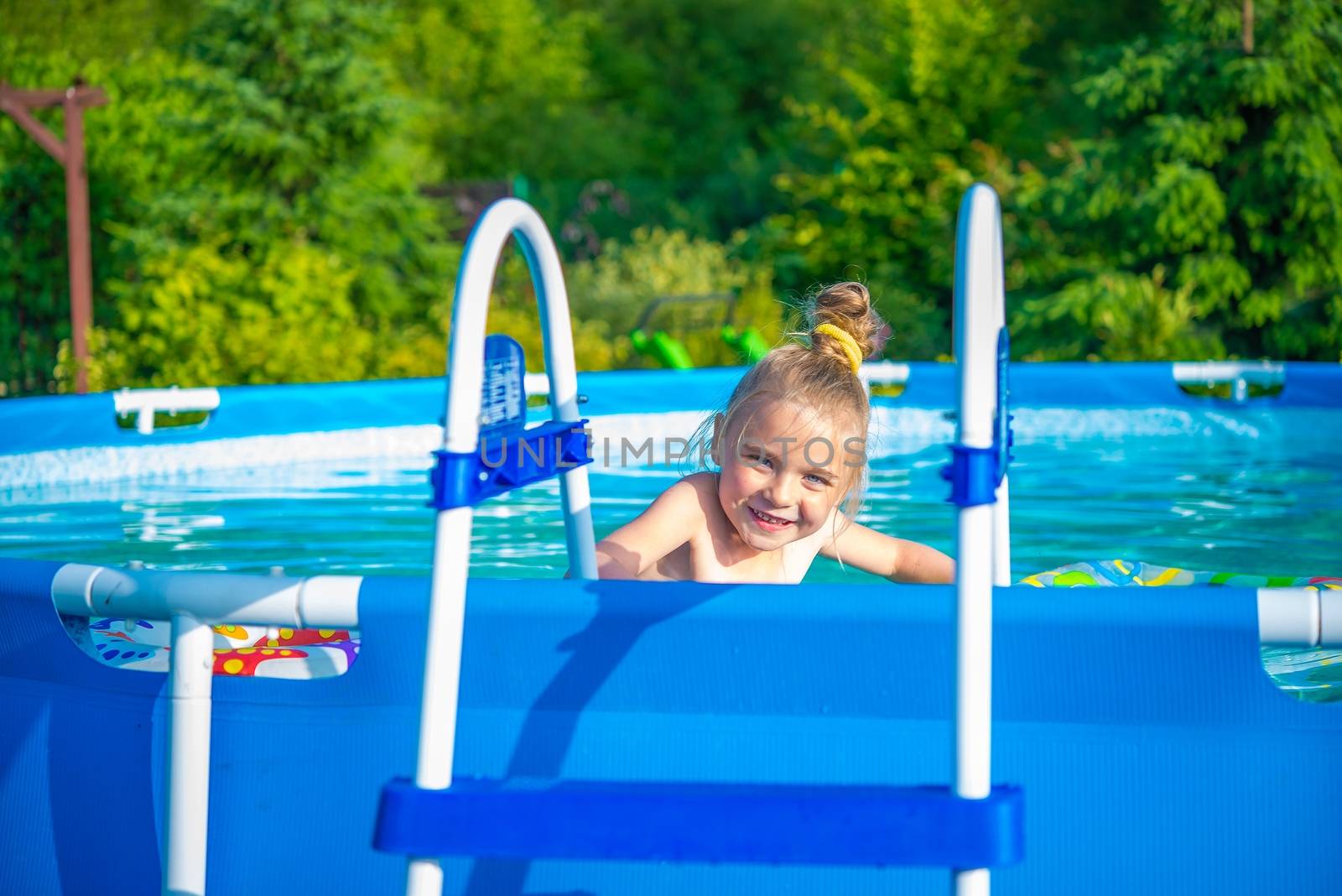 Swimming Pool Time. Girl Having Fun Inside Backyard Swimming Pool.