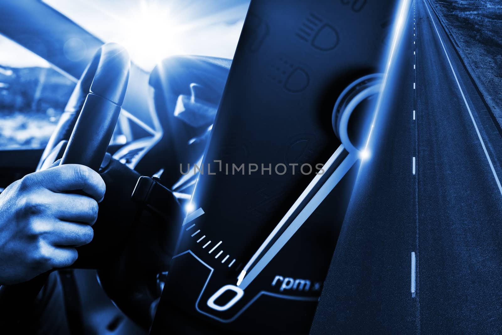 Car Driving Concept Photo Collage. Power, Speed and the Highway. Dark Blue Color Grading.