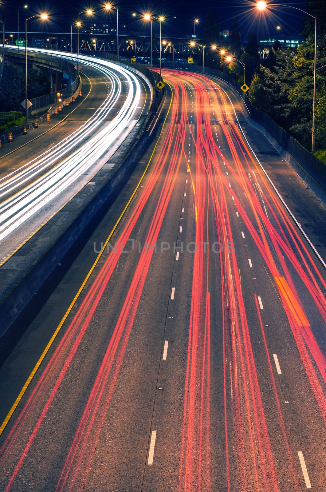 Highway Night Traffic in Portland, Oregon. Highway Lights in Long Exposure.