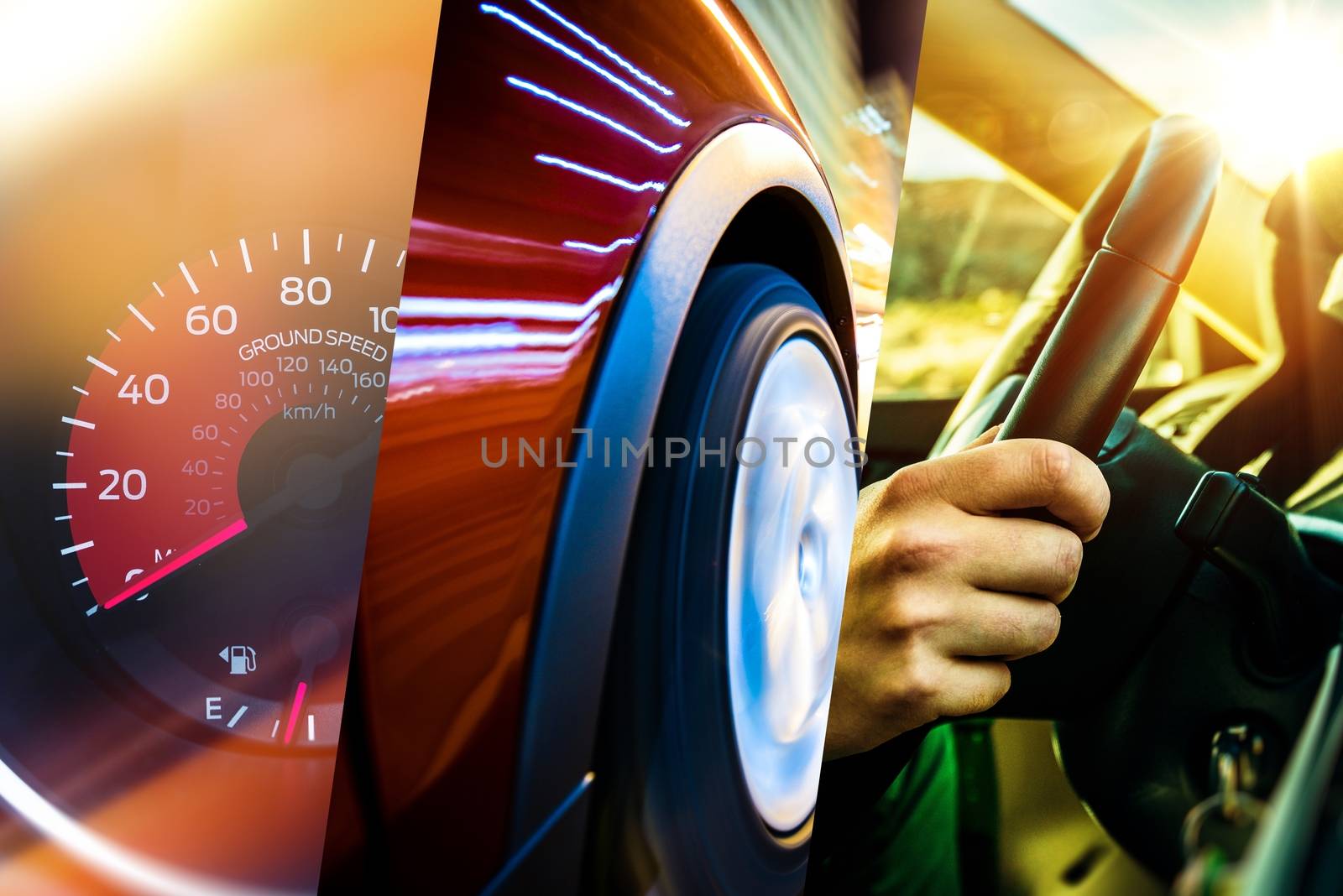 Modern Transportation Concept. Car and Driver. Driving Photo Mosaic.