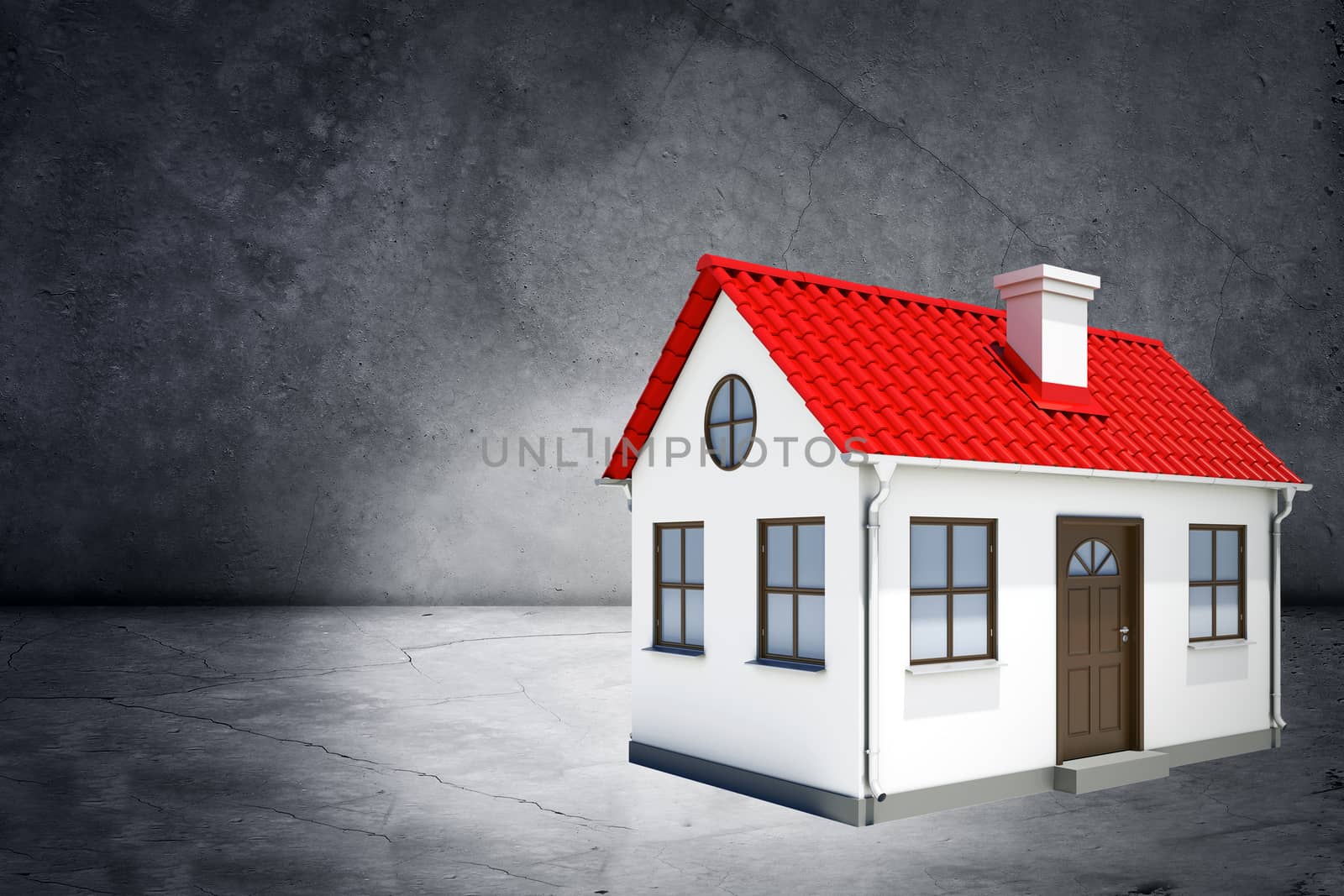 House with red roof on grey background