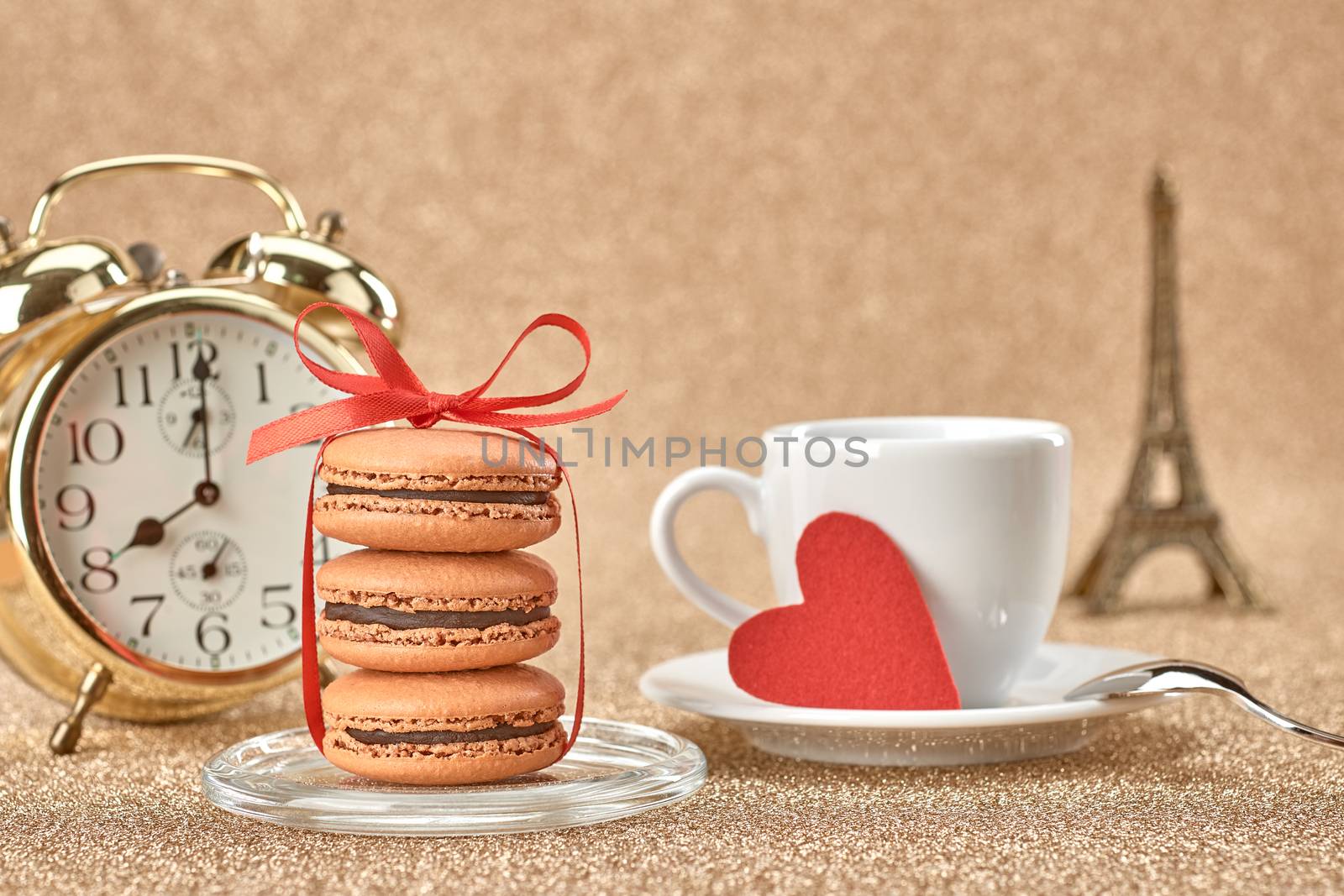 Macarons.Gold alarm clock, red heart,cup of coffee by 918