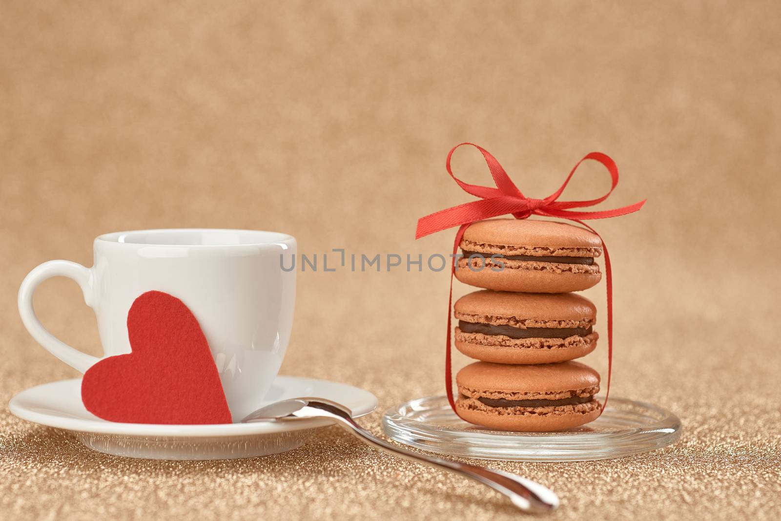 Macarons french dessert, cup of coffee, red heart .Vintage retro romantic style.Unusual creative art greeting card, shiny background,bokeh. Love,Valentines Day