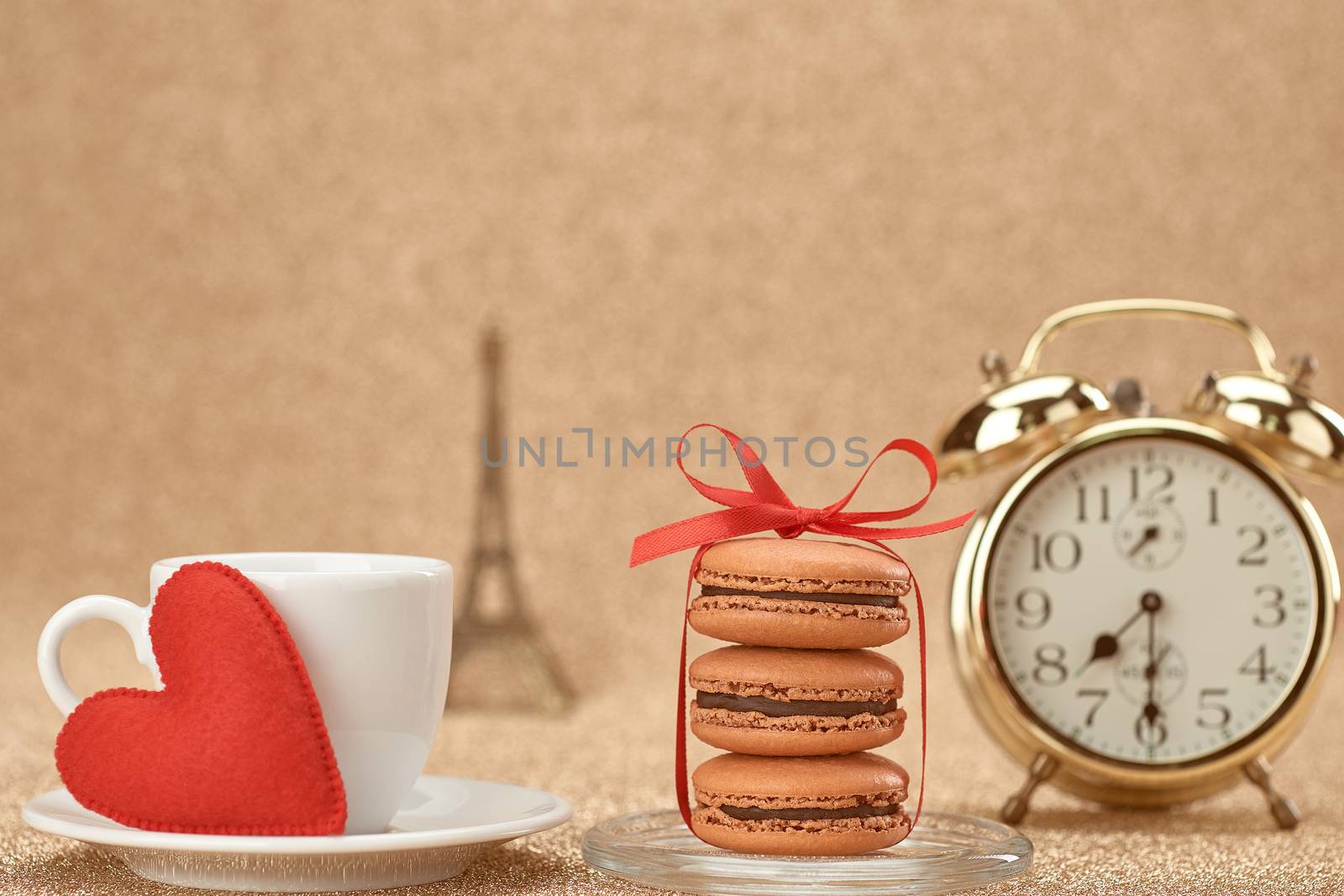 Macarons.Gold alarm clock, red heart,cup of coffee by 918