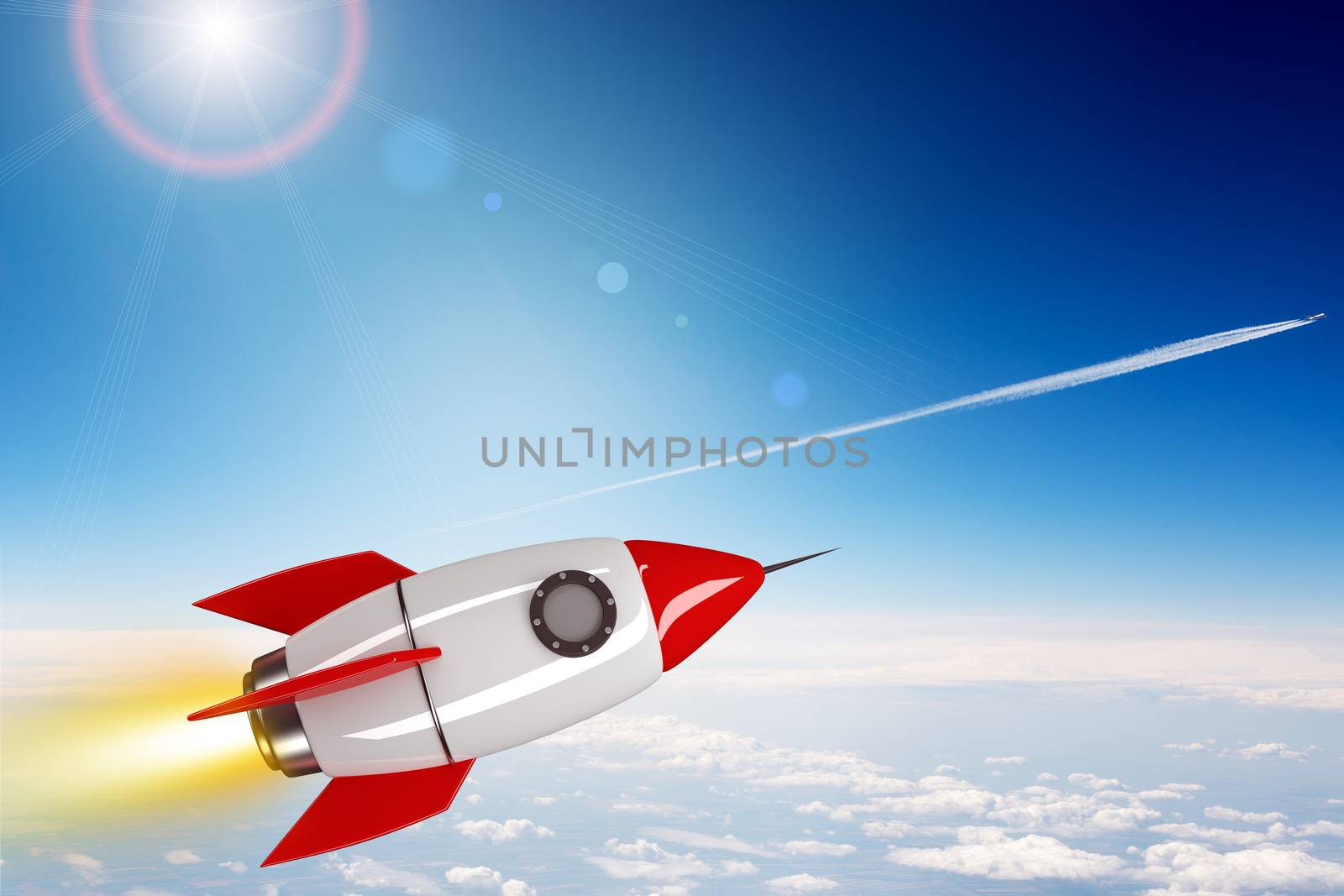 Rocket in space with clouds and blue sky