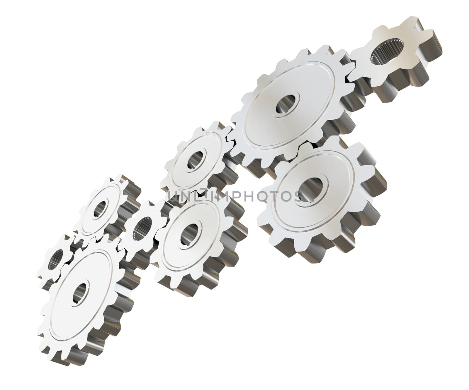 Set of metal gears isolated on white background, closeup