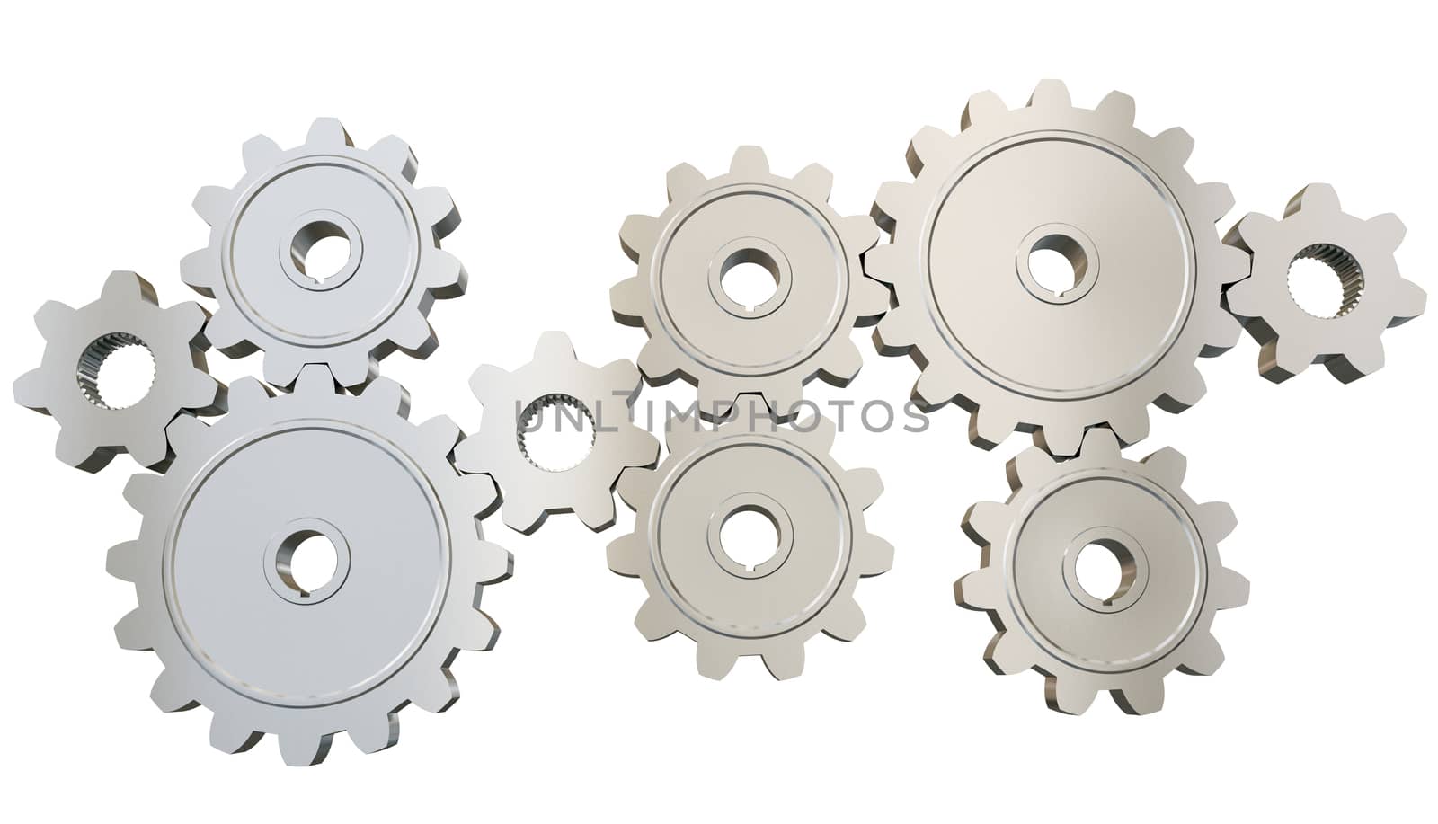 Set of mechanical gears isolated on white background, close up view