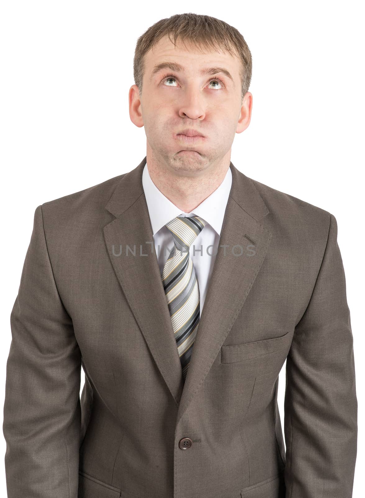 Businessman with inflated cheeks isolated on white background