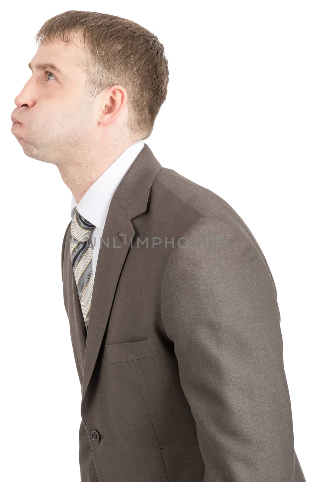 Businessman with inflated cheeks isolated on white background, side view