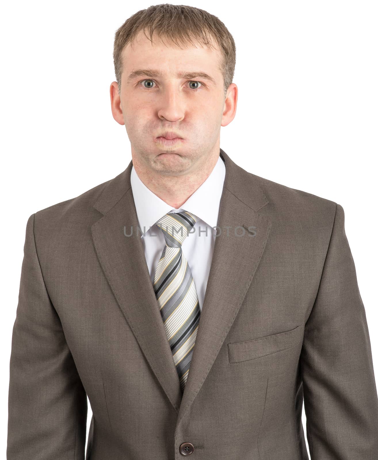 Serious businessman with inflated cheeks isolated on white background
