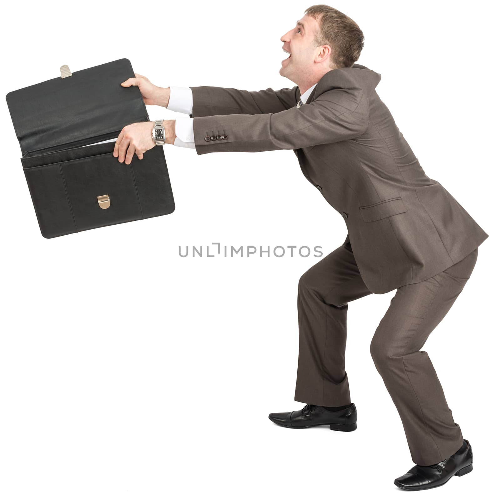 Happy businessman with open briefcase by cherezoff